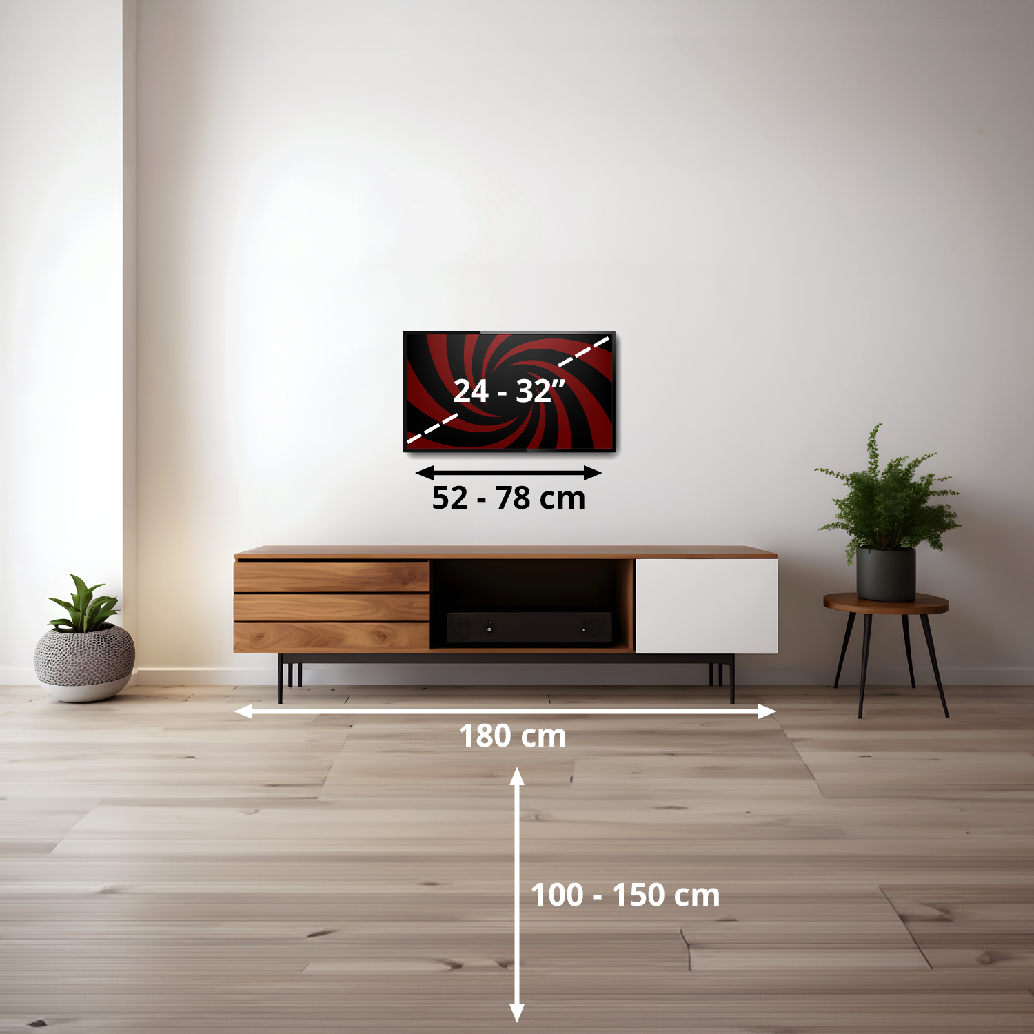 Sala con mueble TV, pantalla con patrón rojo y guías de dimensiones en centímetros y pulgadas.