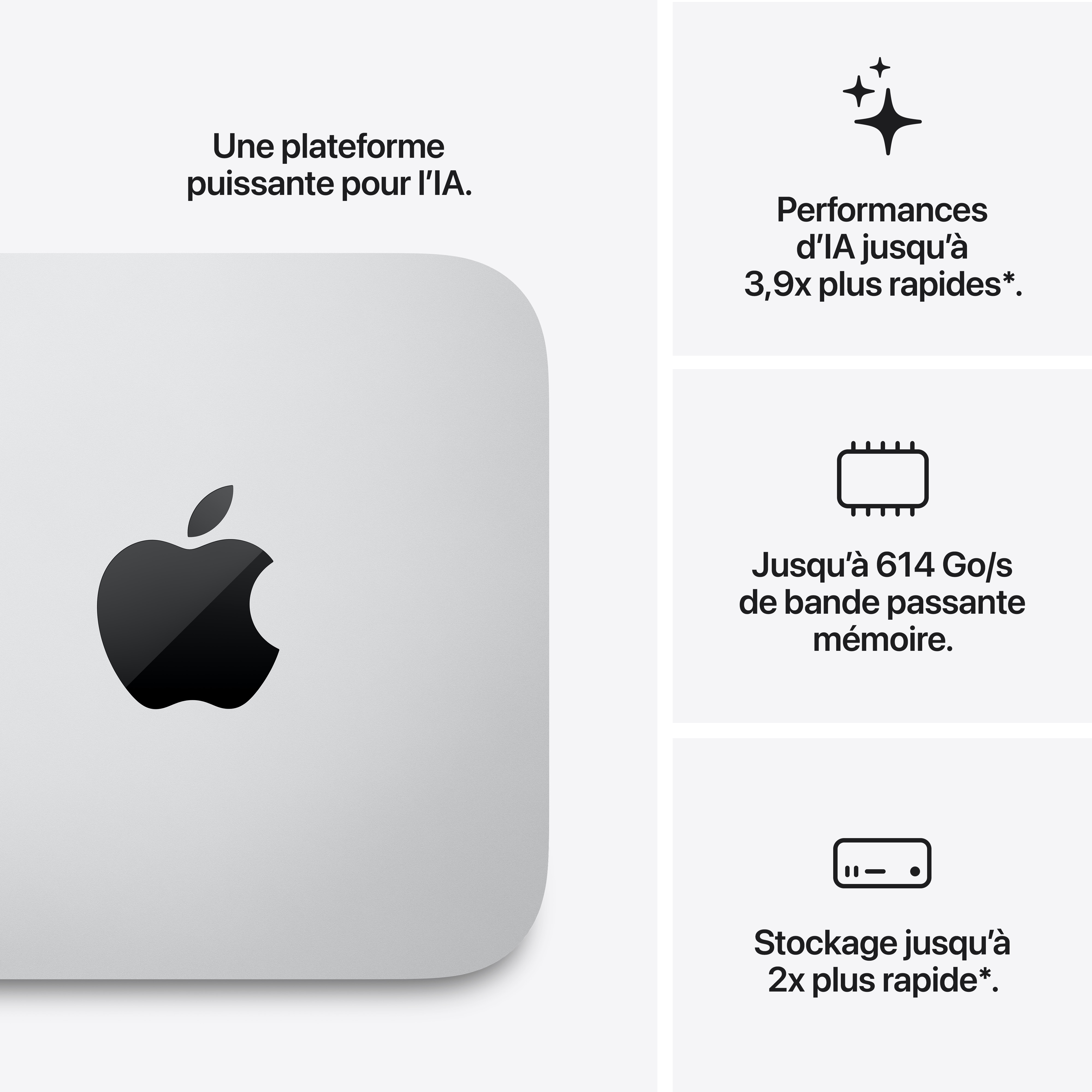 Apple Mac mini avec plateforme IA, performances accrues, bande passante mémoire et stockage rapide.
