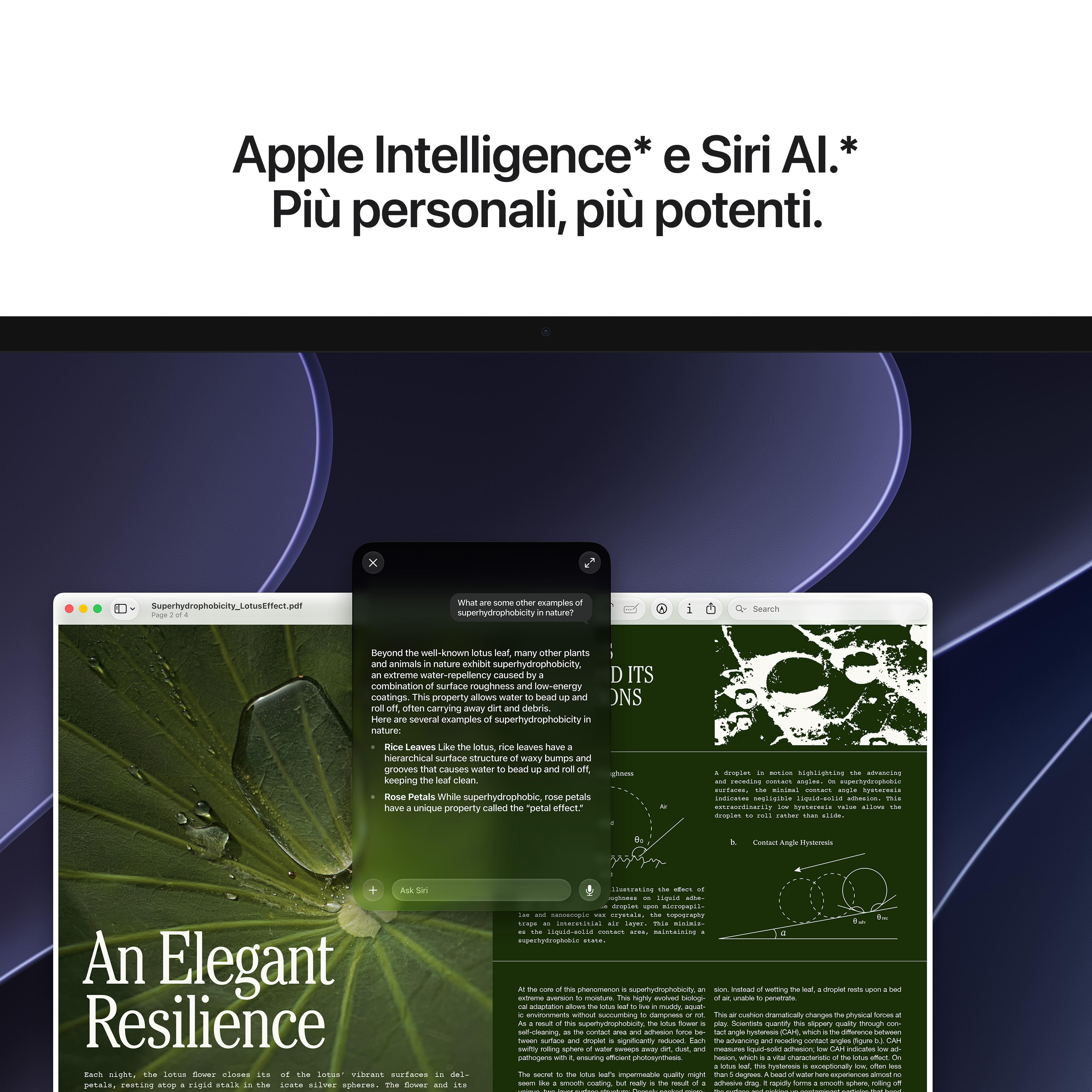 Un'interfaccia di Apple Intelligence e Siri sopra un documento sulla superidrofobicità.