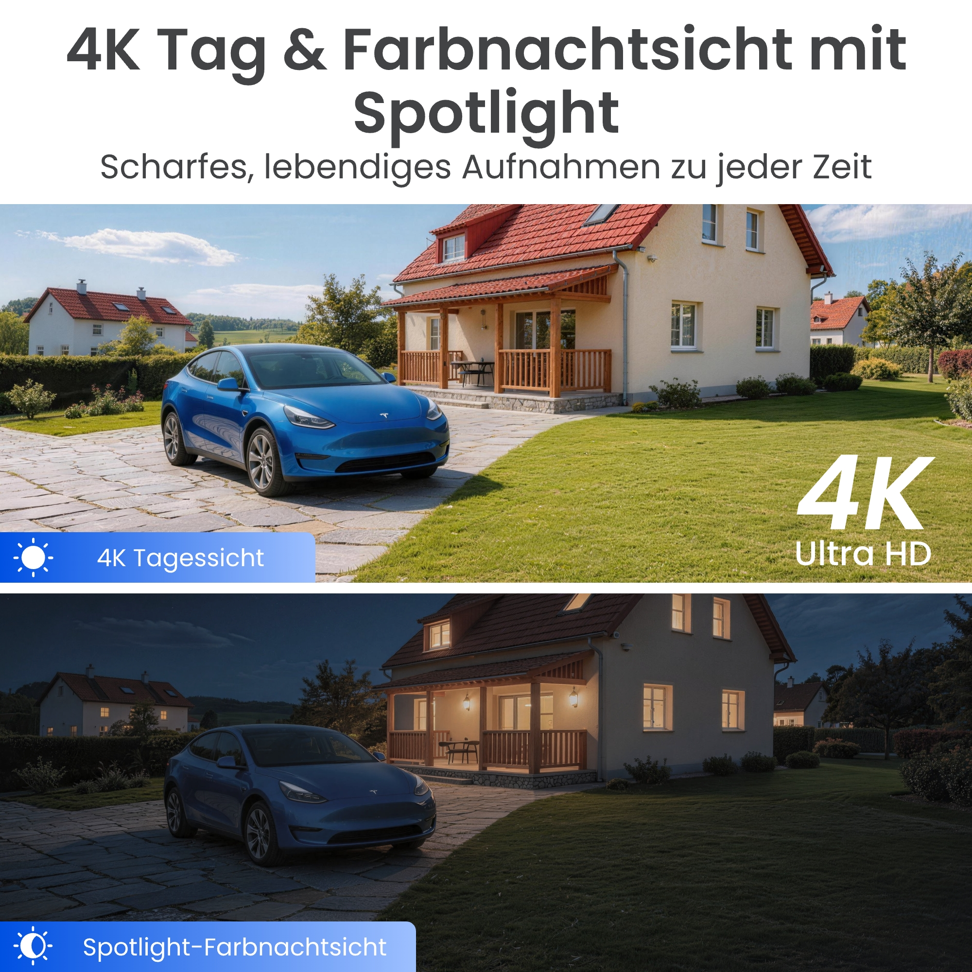 Vergleich von 4K-Tagsicht und Farb-Nachtsicht mit einem blauen Auto vor einem Haus.