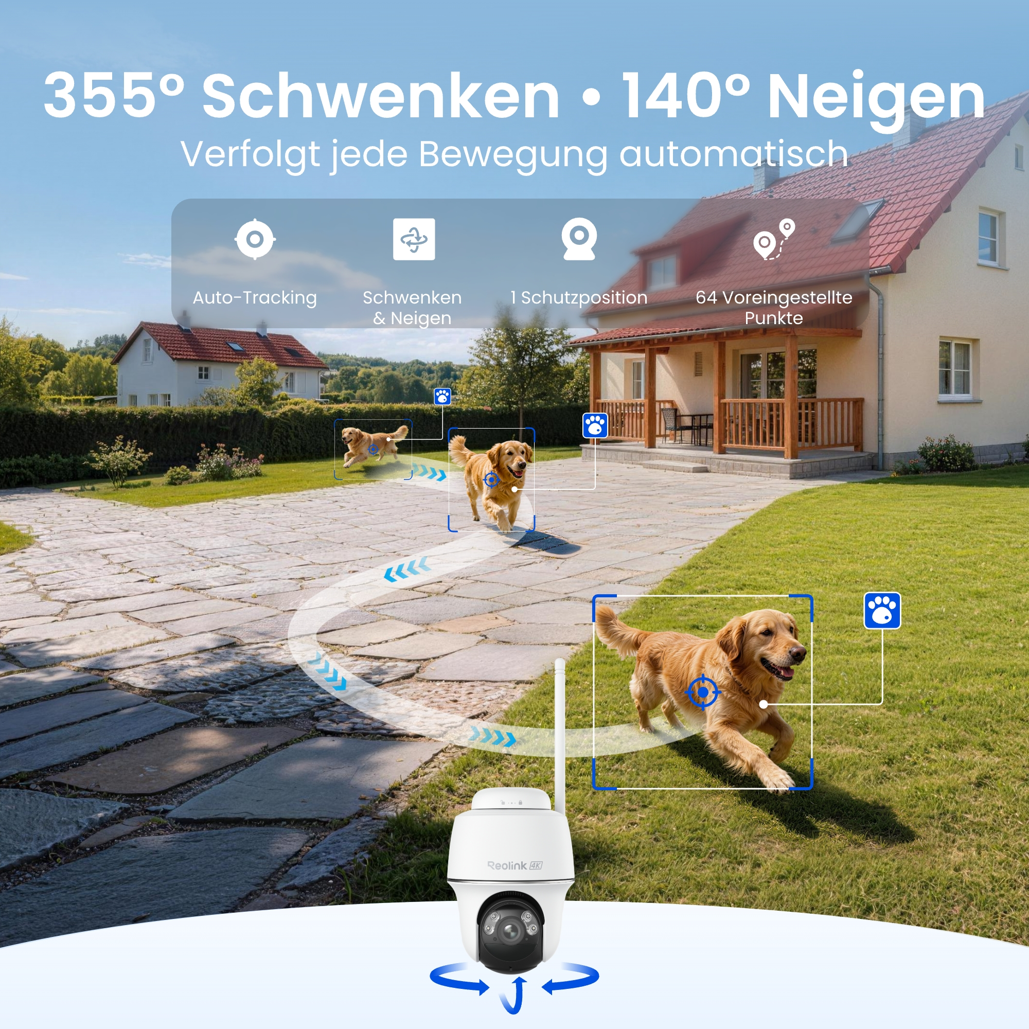Eine weiße Überwachungskamera steht im Garten und verfolgt automatisch einen goldenen Retriever, der herumläuft.