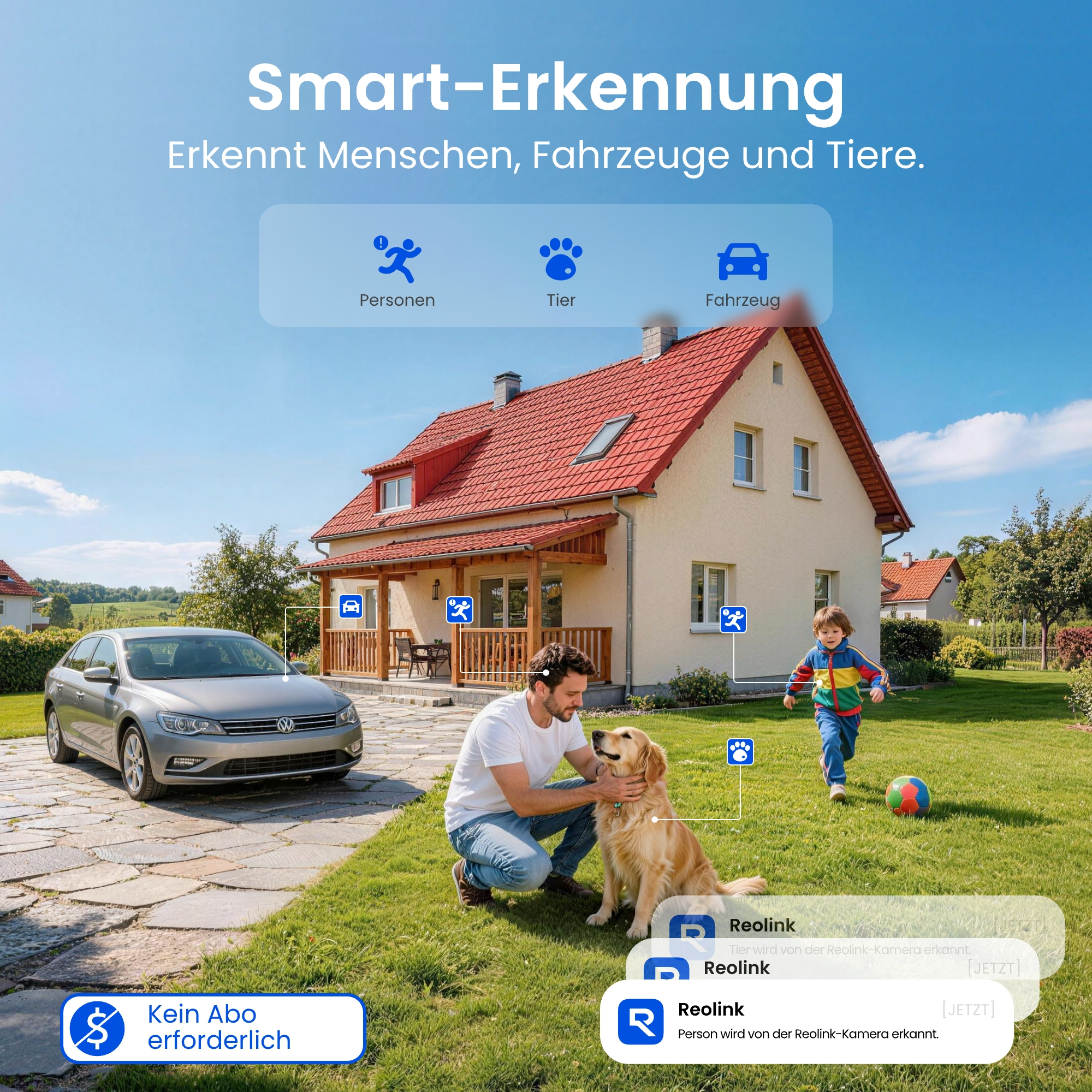 Ein Mann streichelt einen Hund, ein Kind läuft mit Ball, ein Auto und ein Haus unter blauem Himmel.