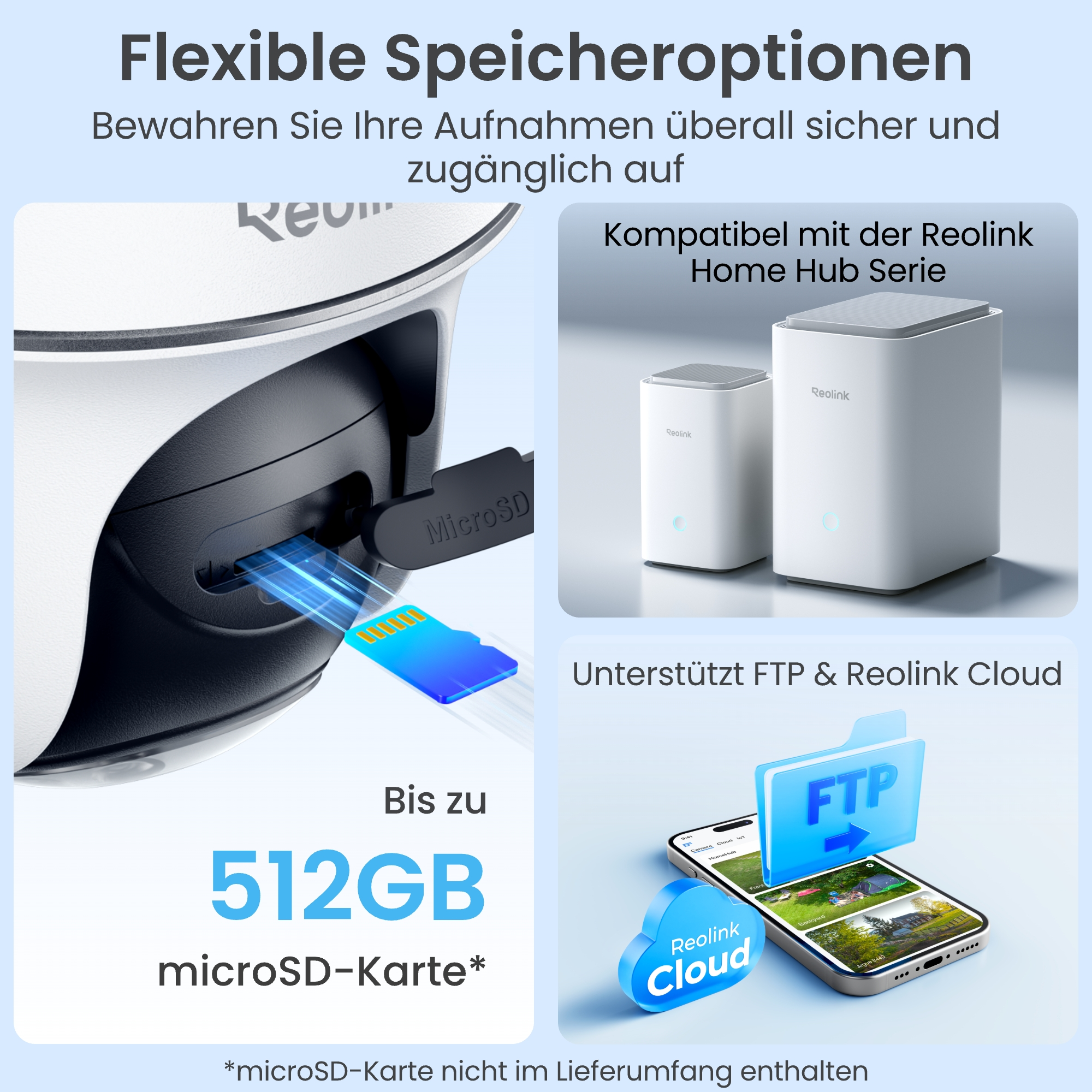 Flexible Speicheroptionen für Reolink Kameras: microSD bis 512GB, Home Hub und Reolink Cloud.
