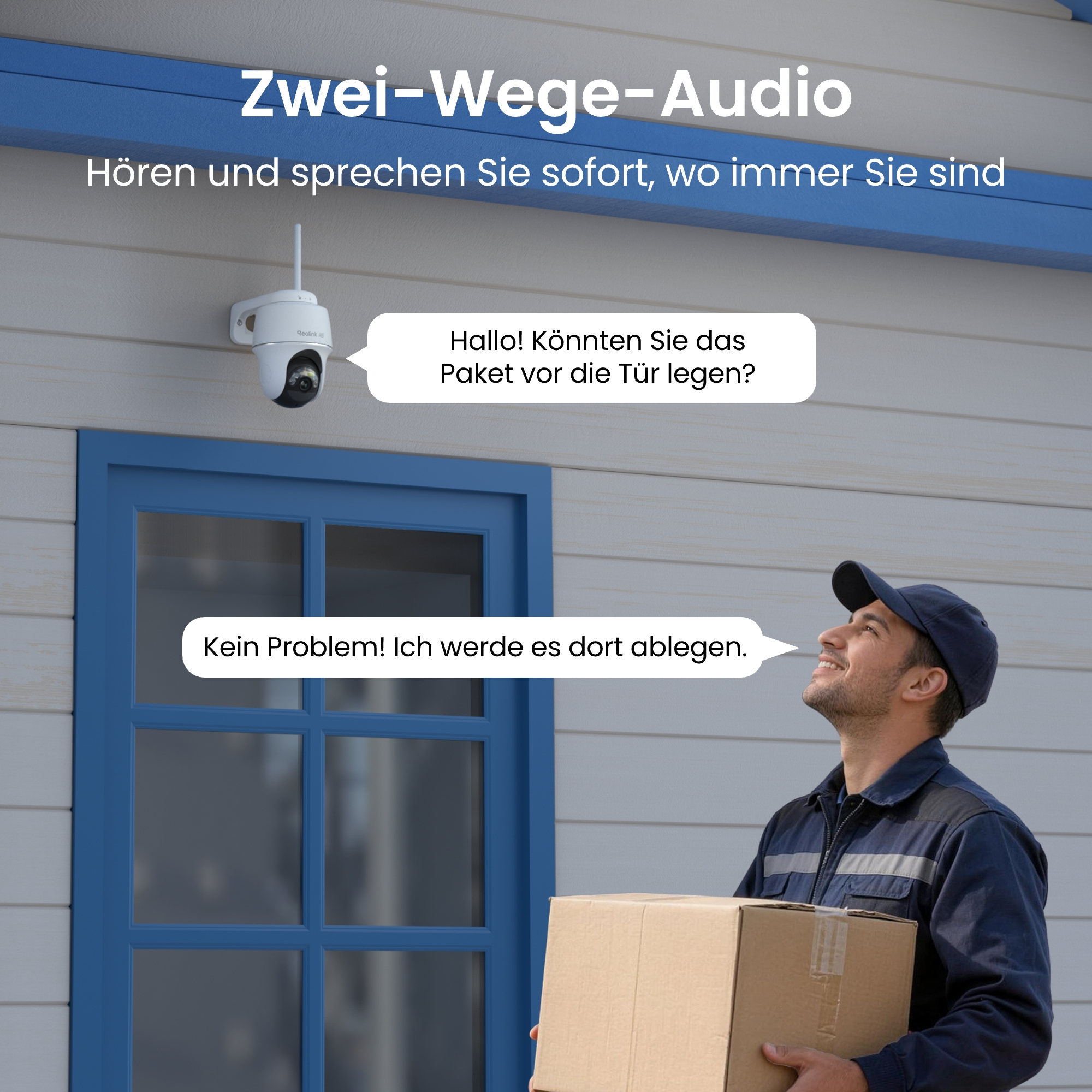 Ein Zusteller mit Paket spricht über eine Sicherheitskamera an der Wand.