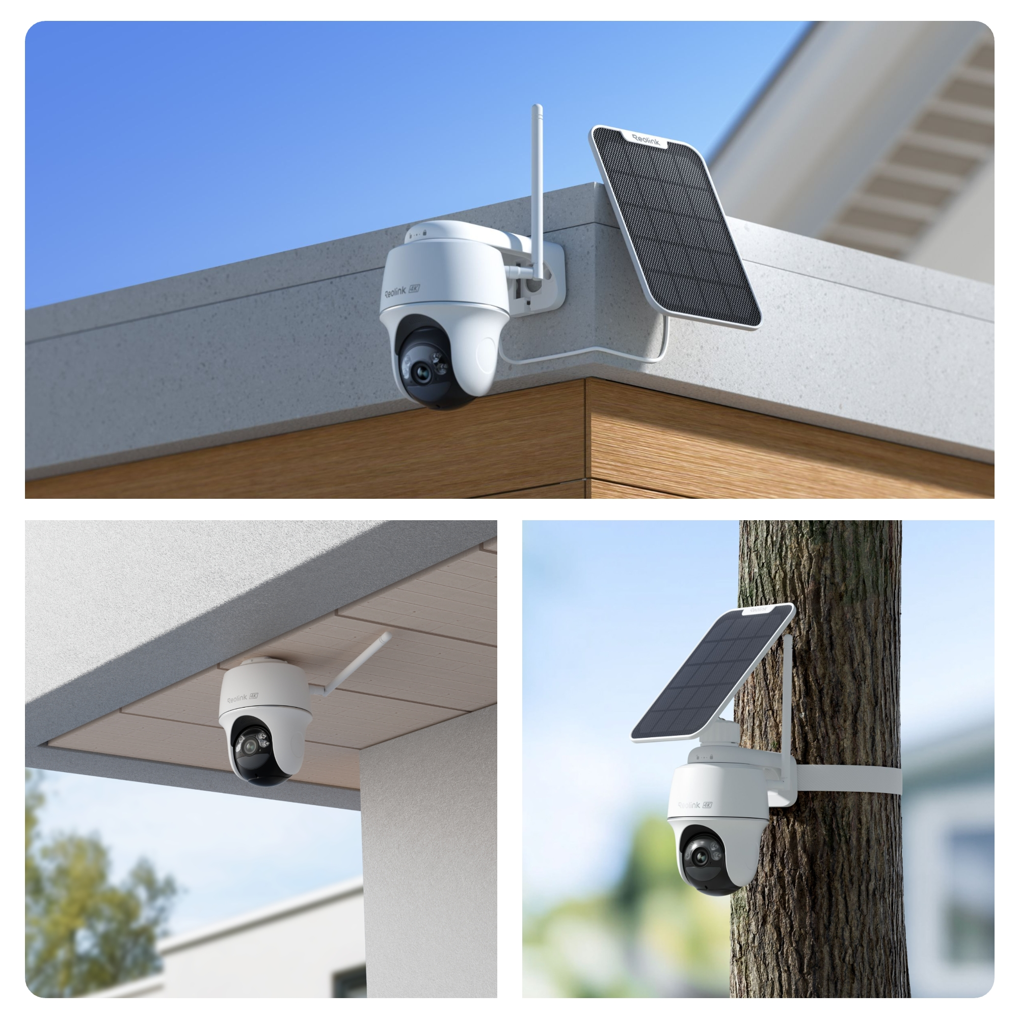Weiße Sicherheitskamera mit Solarpanel an einer Wand und einem Baum.