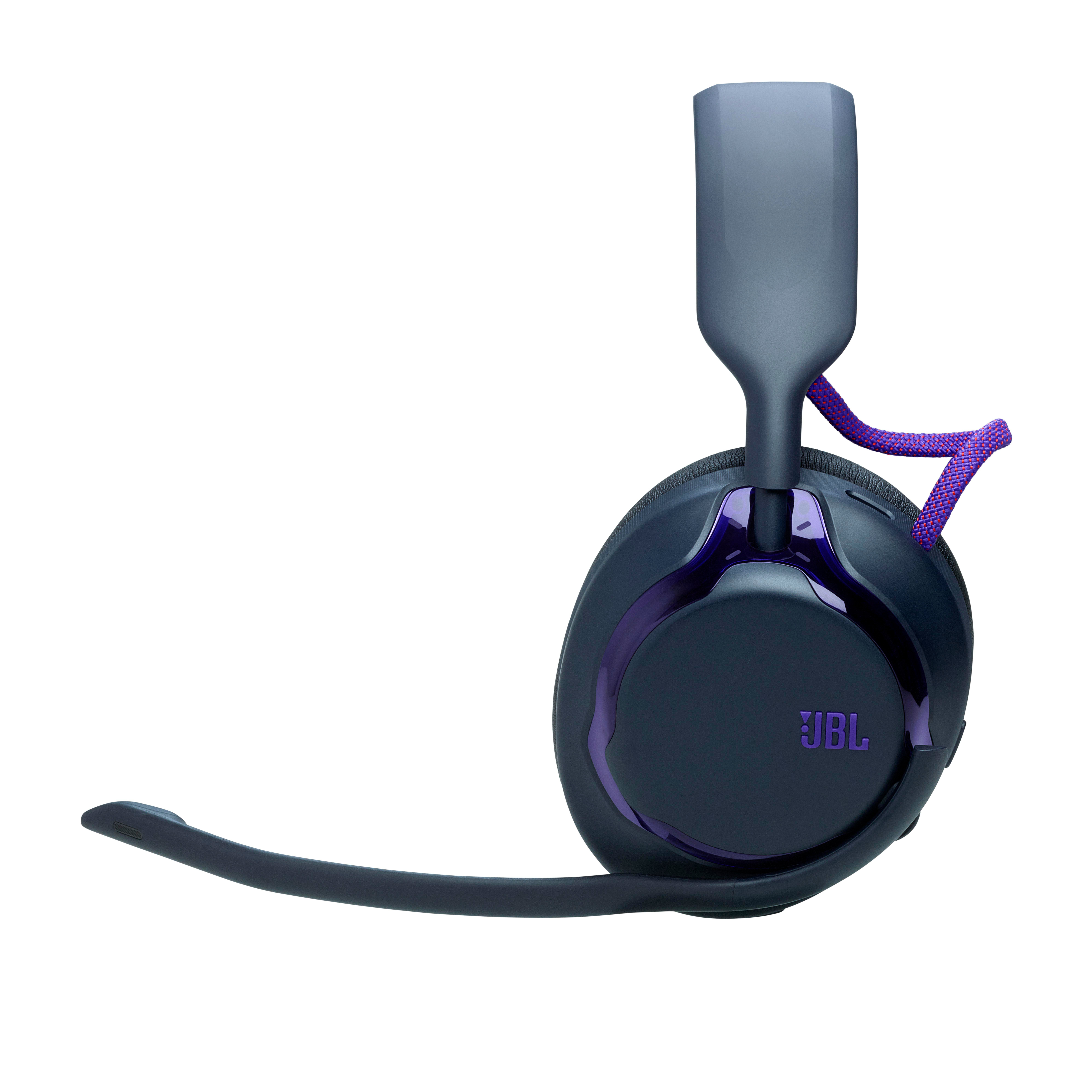Dunkelblauer JBL-Kopfhörer mit Mikrofonarm und violetten Akzenten.
