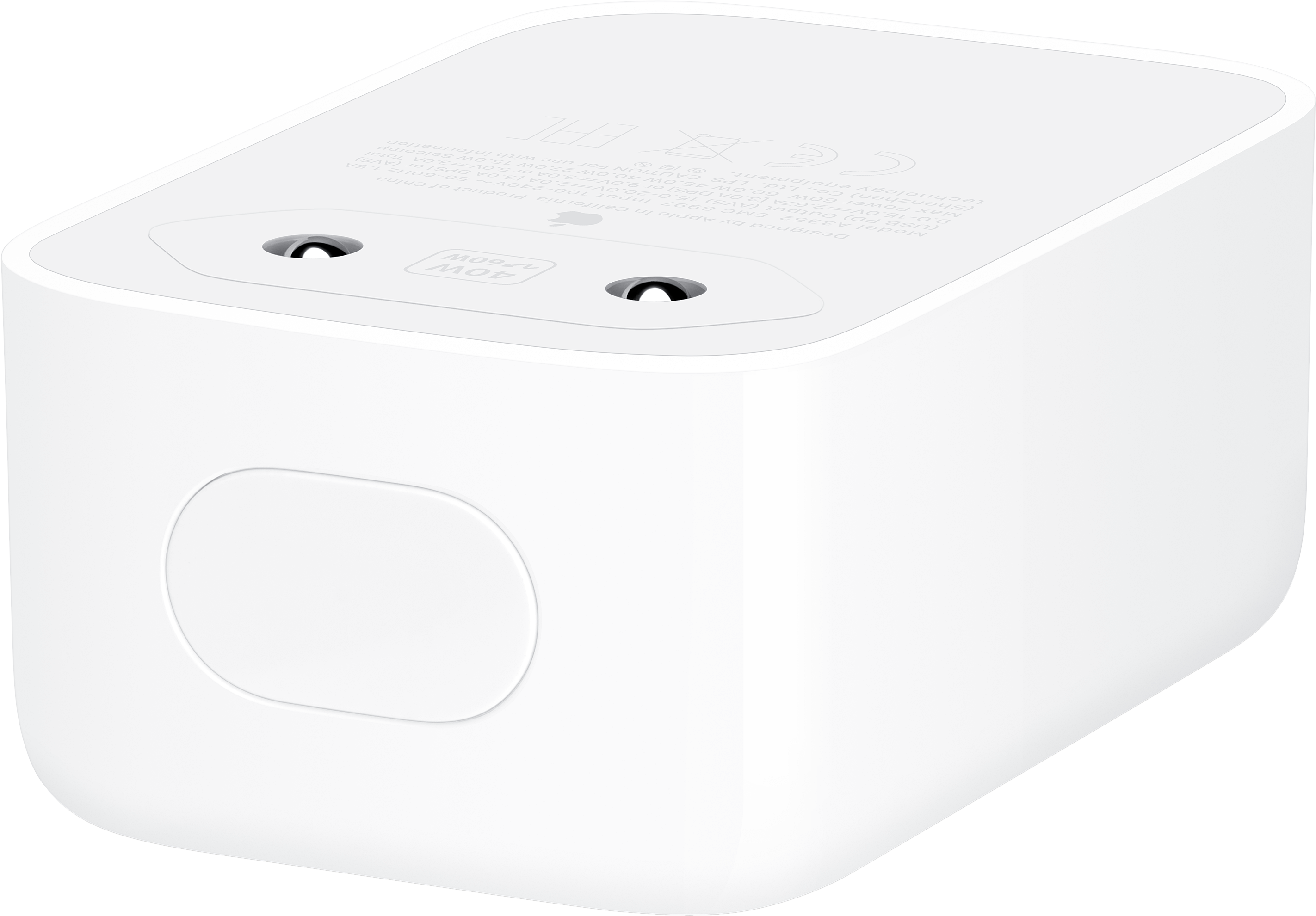 Ein weißes, rechteckiges Apple 40W Netzteil mit zwei Pins und gedruckten Spezifikationen.