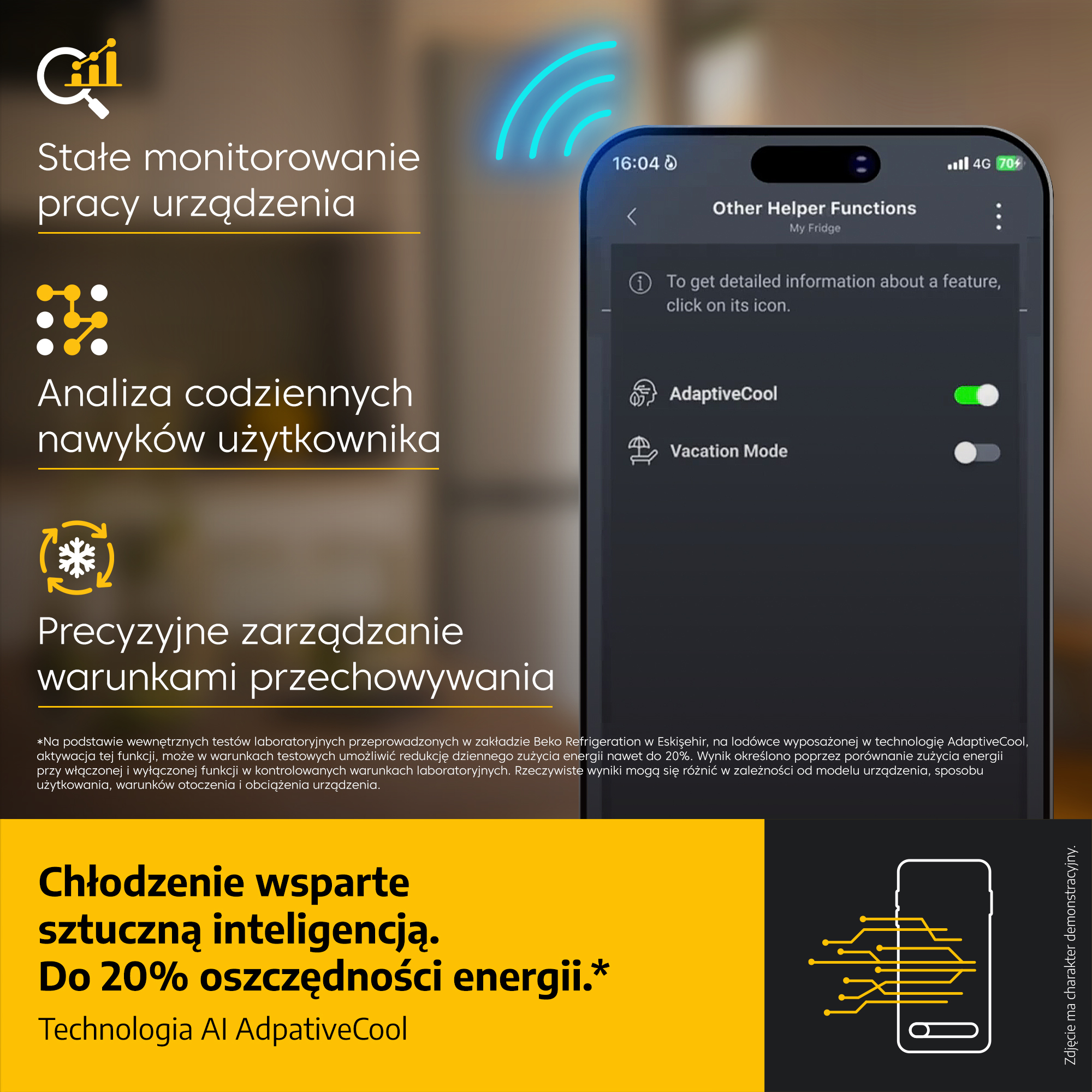 Smartfon wyświetla aplikację inteligentnego chłodzenia w otoczeniu polskiego tekstu.
