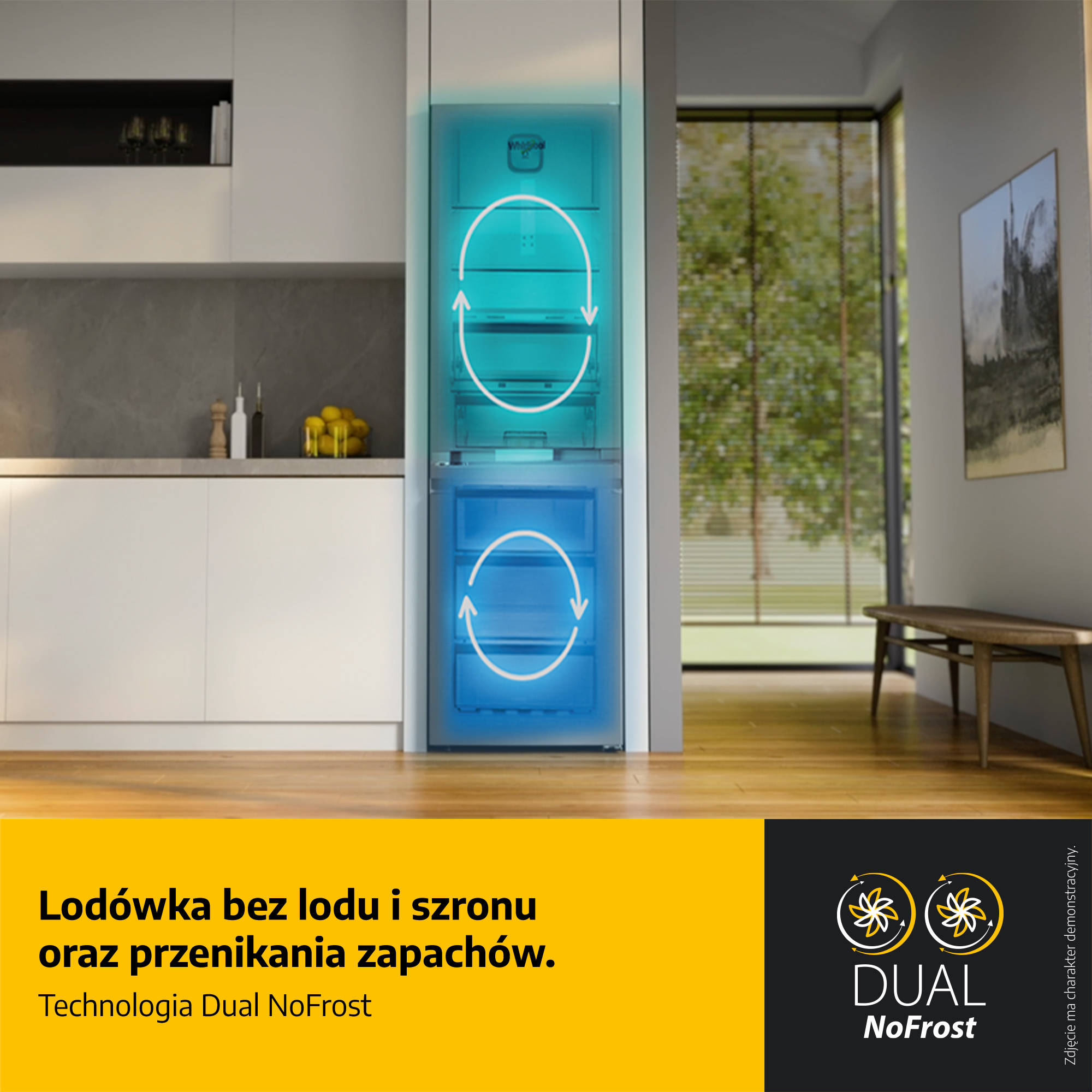 Nowoczesna kuchnia z wbudowaną lodówką i niebieskimi strzałkami cyrkulacji powietrza w technologii Dual NoFrost.