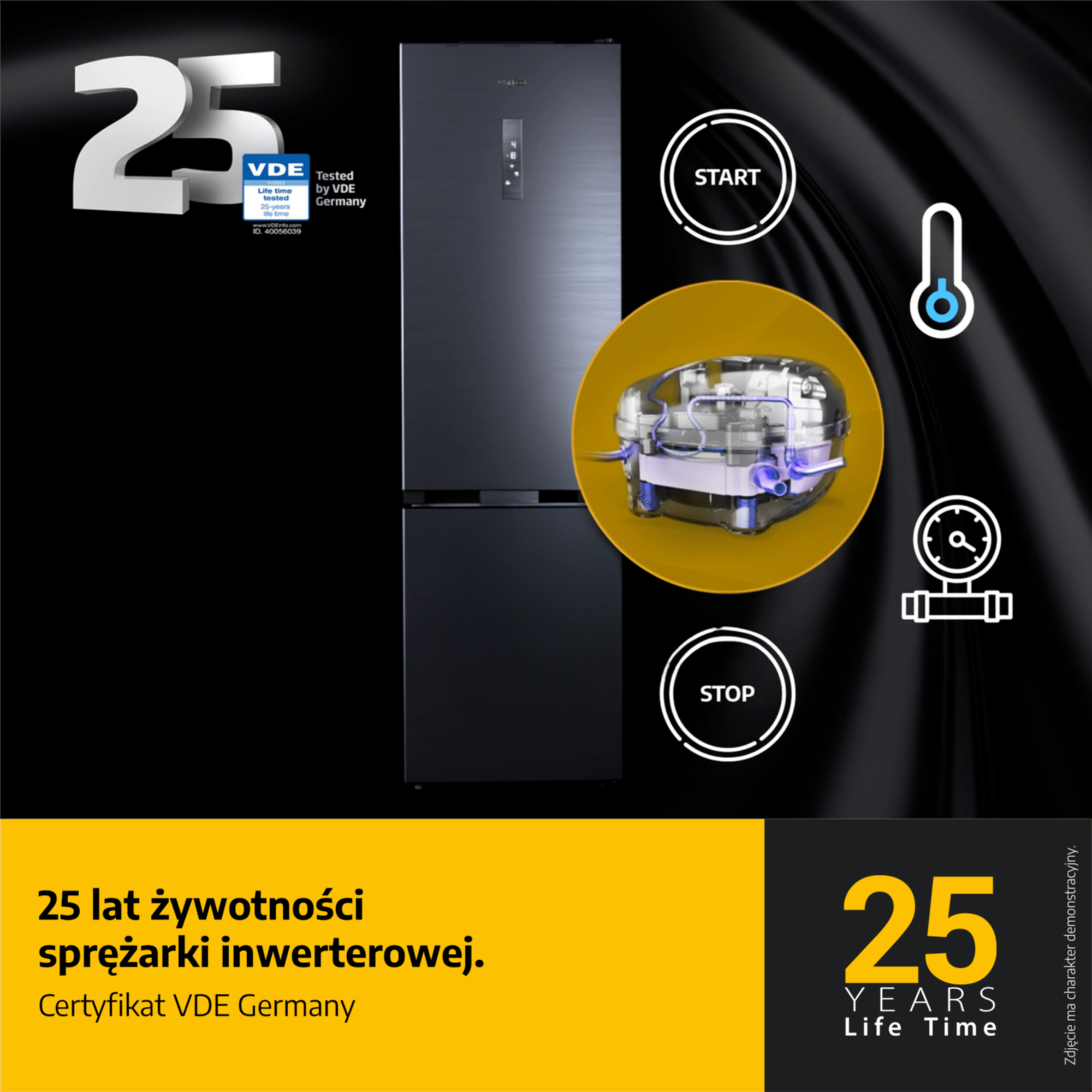 Reklama promująca 25-letnią żywotność sprężarki inwerterowej w lodówce, z certyfikatem VDE.