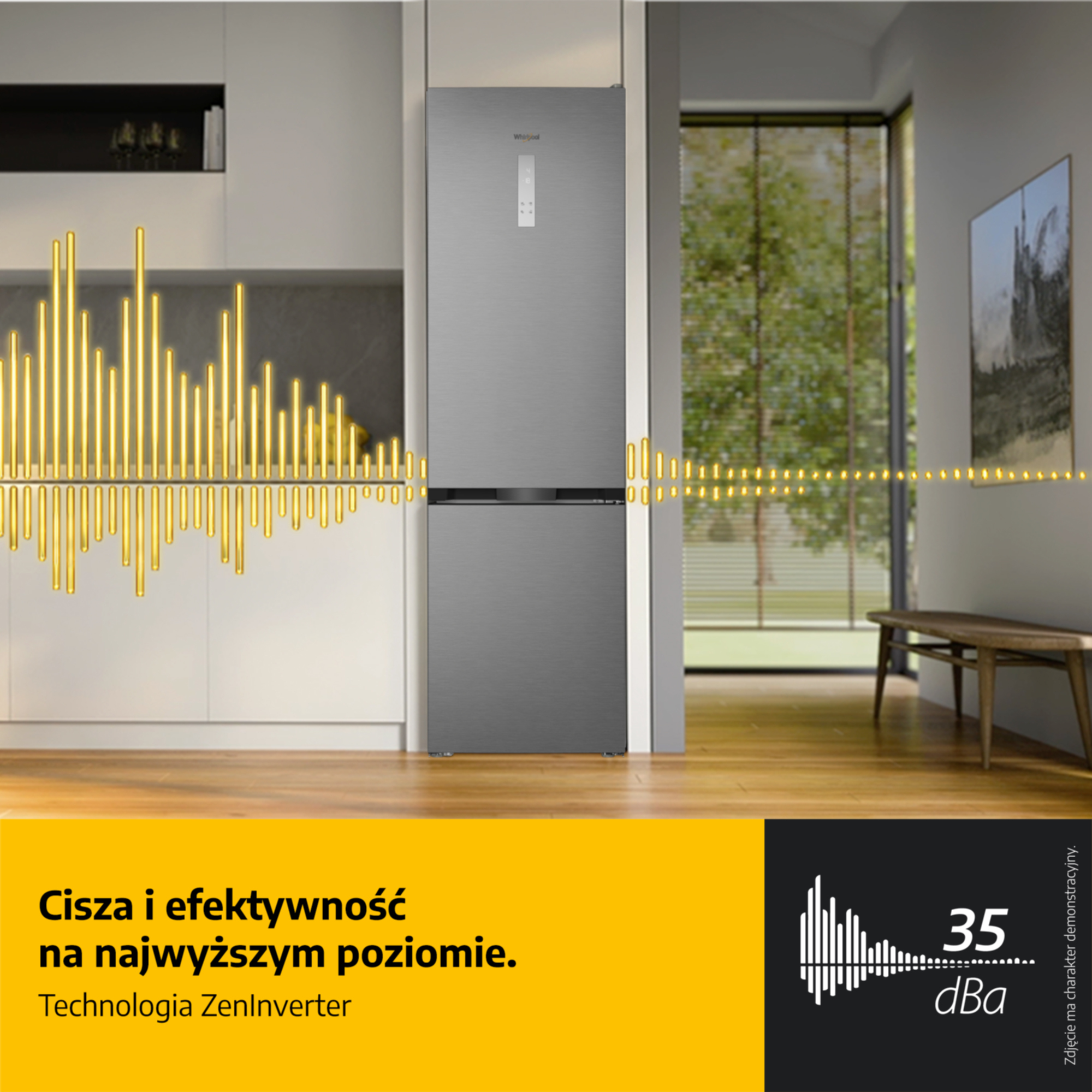 Nowoczesna kuchnia z cichą szarą lodówką i żółtą falą dźwiękową pokazującą 35 dBA.