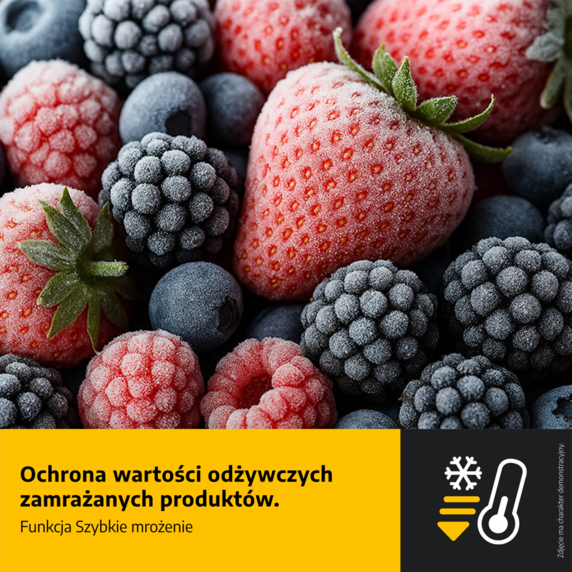 Mrożone owoce leśne, w tym truskawki, jagody i maliny, pokryte szronem.