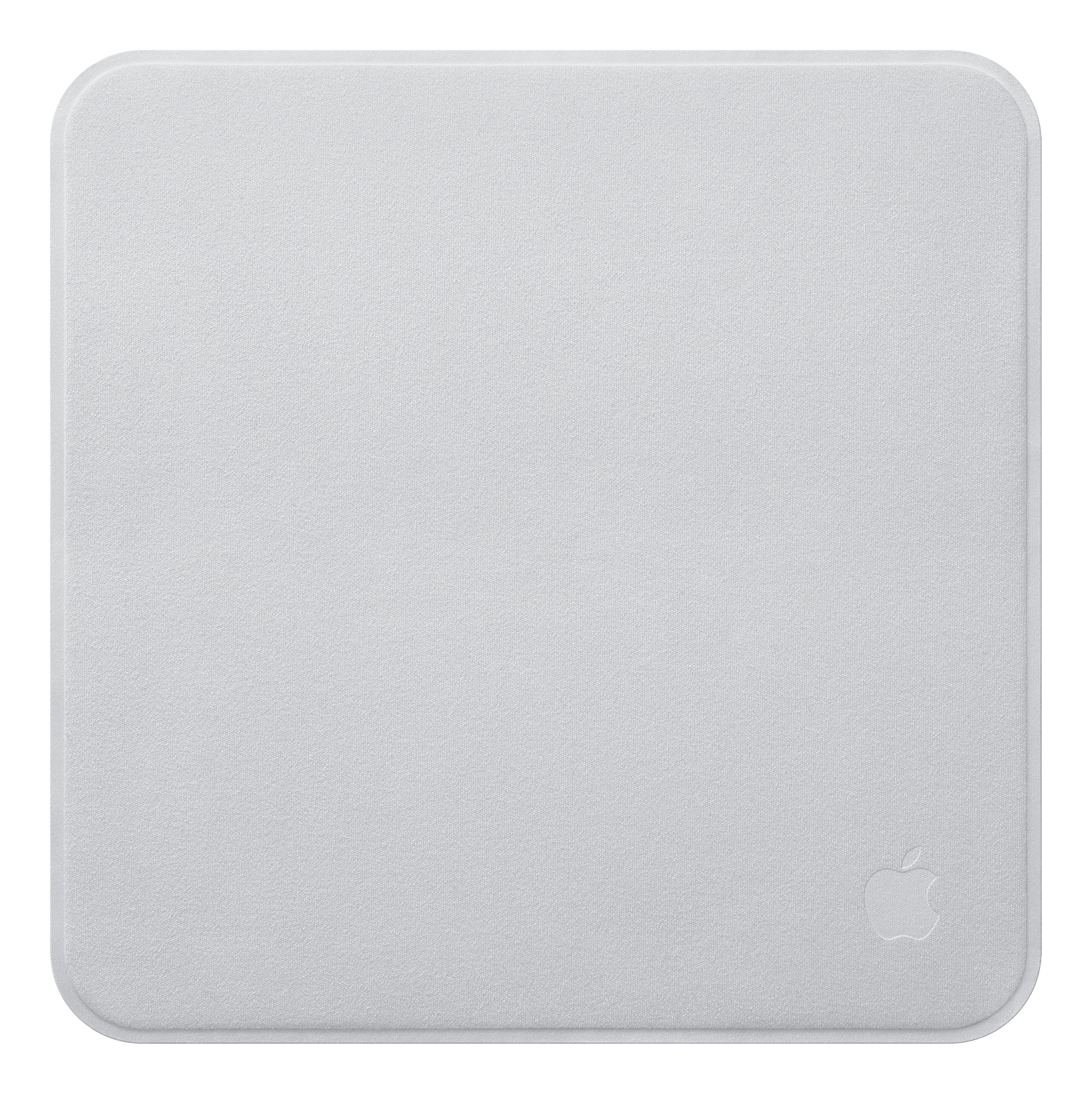 Ein quadratisches, hellgraues Apple-Polischetuch mit abgerundeten Ecken und einem eingeprägten Logo unten rechts.
