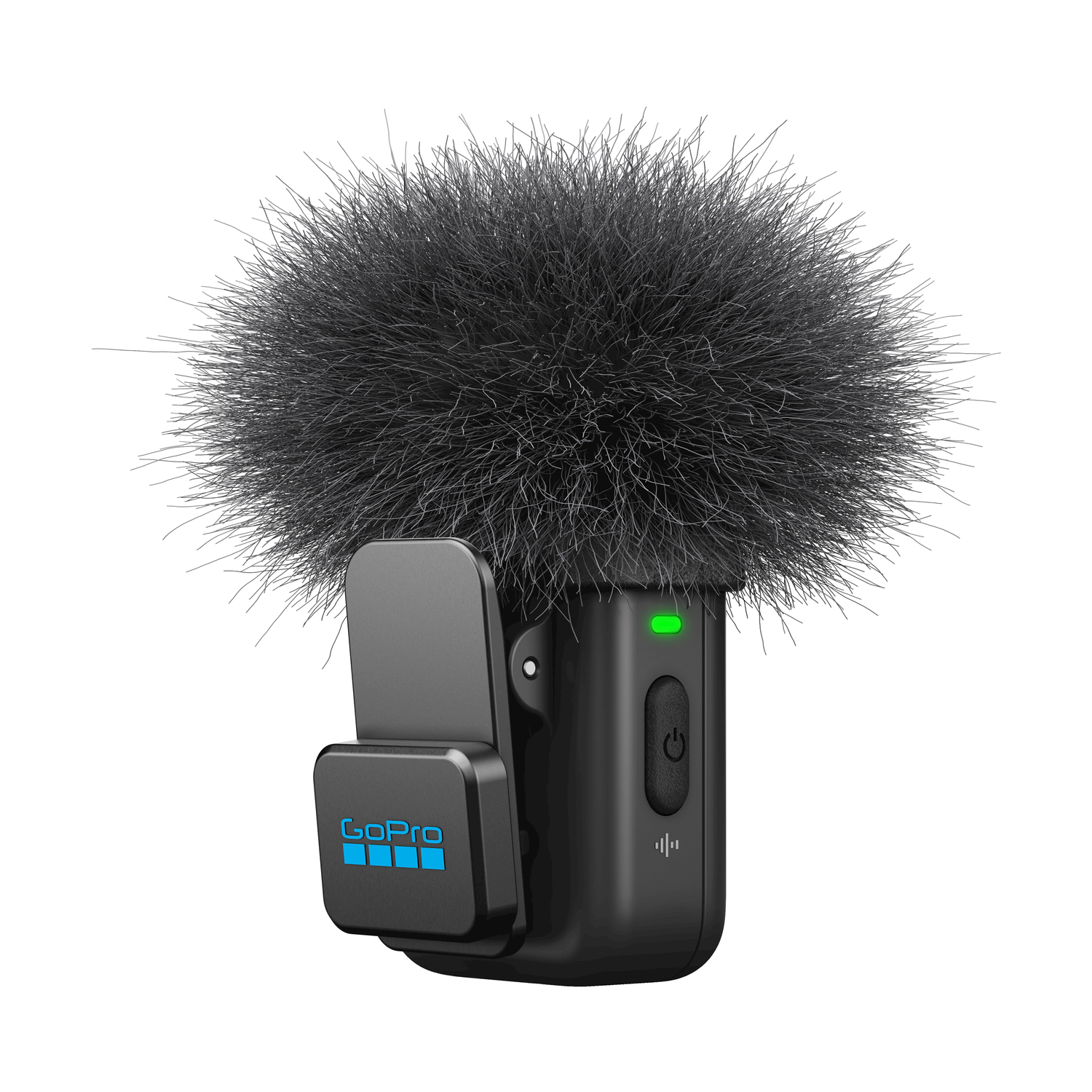 Un microfono GoPro nero con protezione antivento pelosa e clip su sfondo bianco.