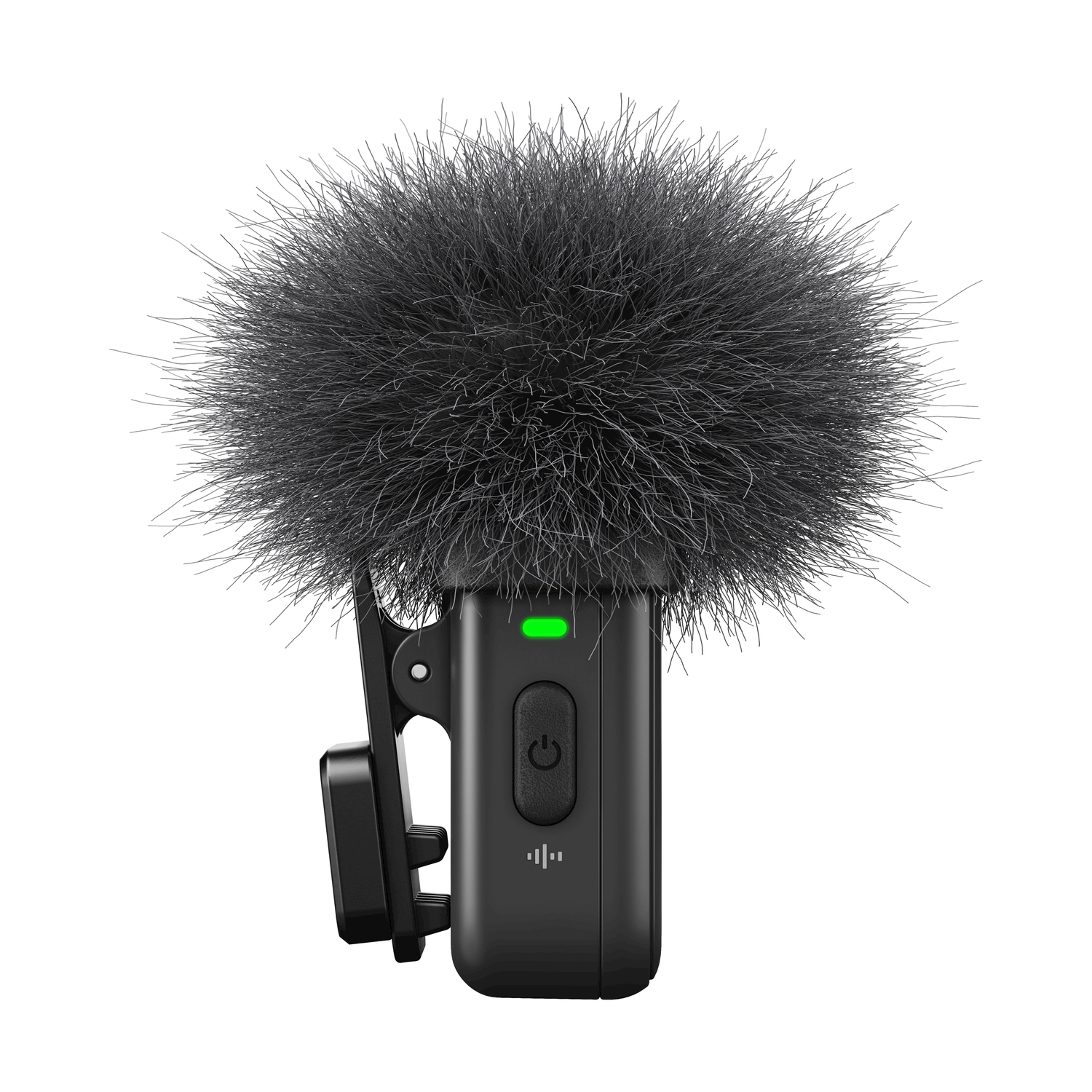 Microfono lavalier nero con protezione antivento pelosa e luce LED verde su sfondo bianco.