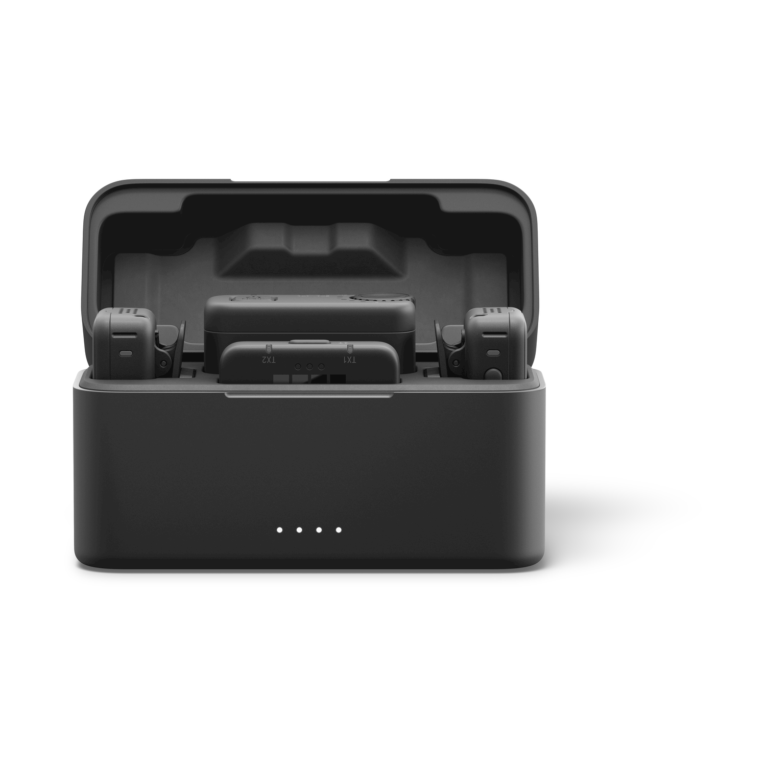 Una custodia di ricarica nera contiene componenti microfonici wireless, con quattro LED bianchi.