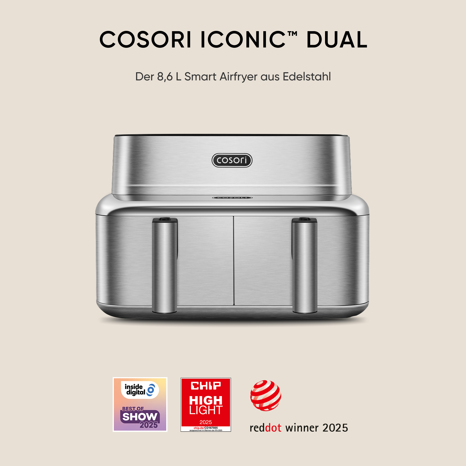 Cosori Iconic Dual Edelstahl-Heißluftfritteuse mit zwei Fächern und drei Preissiegeln unten.