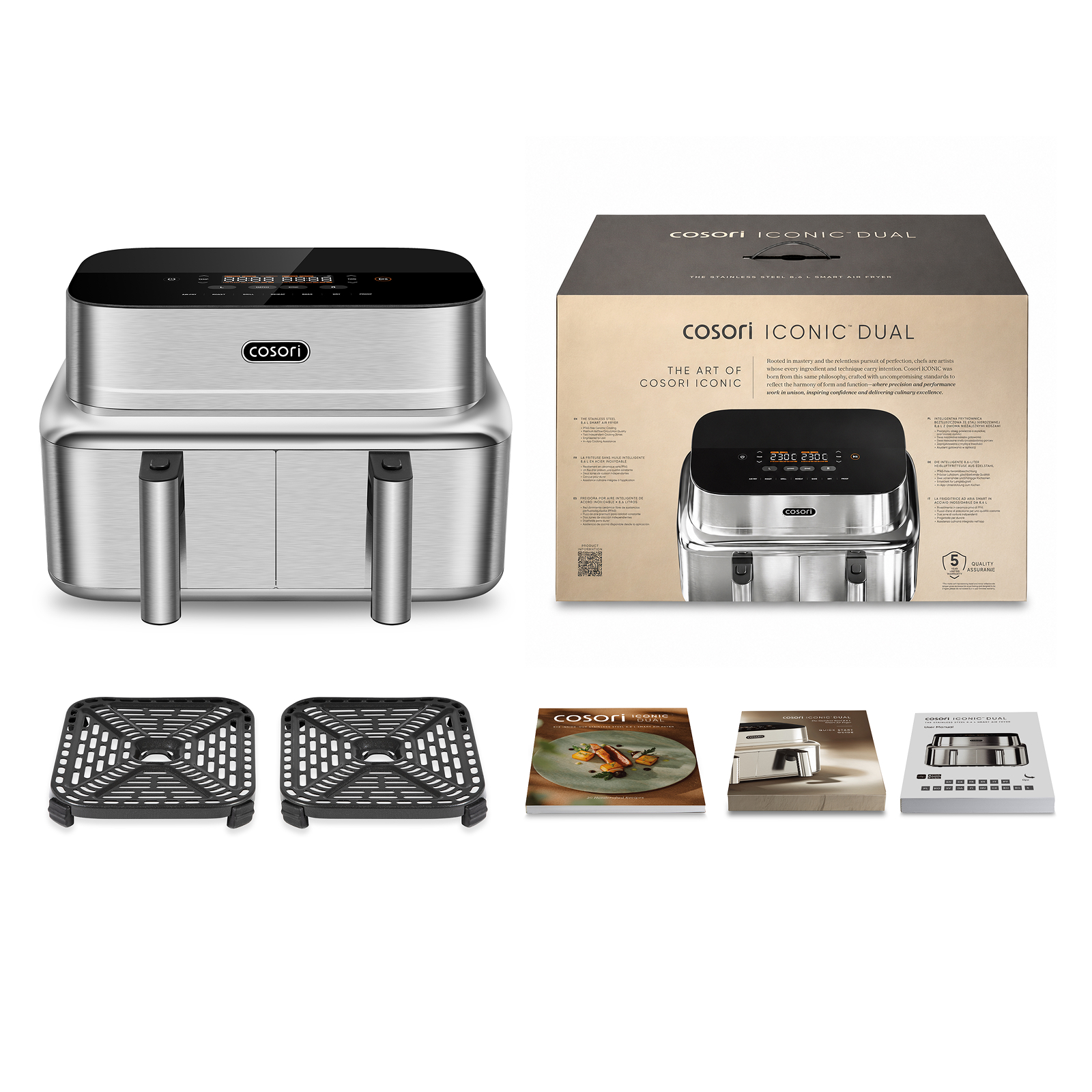 Cosori Iconic Dual Heißluftfritteuse aus Edelstahl mit Verpackung, Grillplatten, Rezeptbuch und Anleitungen.
