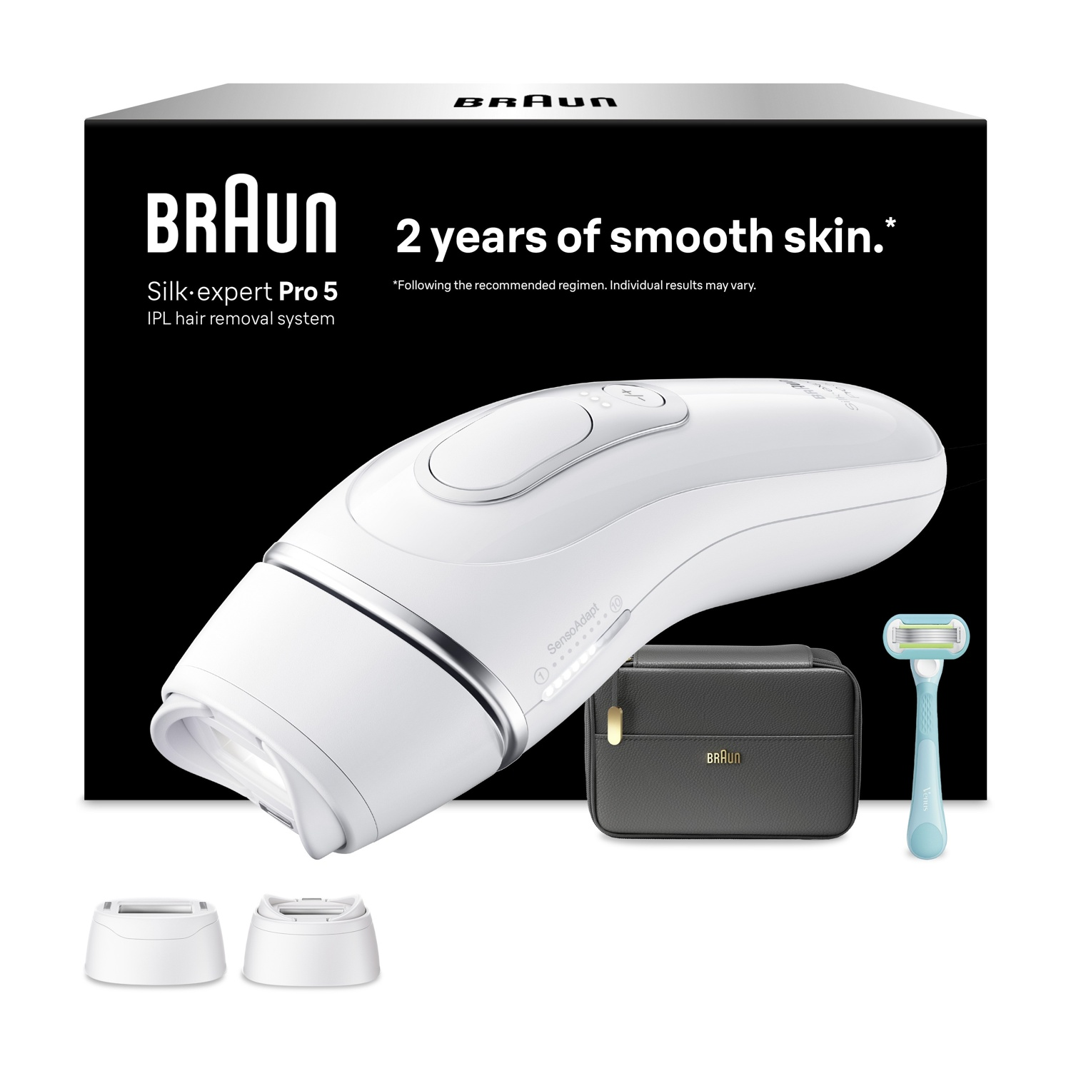 Sistema di epilazione IPL Braun Silk-expert Pro 5 bianco con accessori, astuccio e rasoio davanti alla confezione.