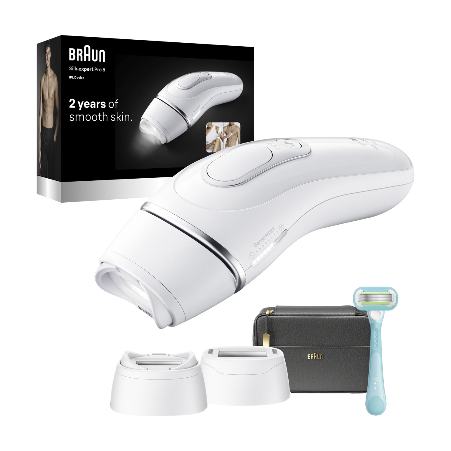 Epilatore IPL Braun Silk-expert Pro 5 con custodia, testine e rasoio davanti alla confezione nera.