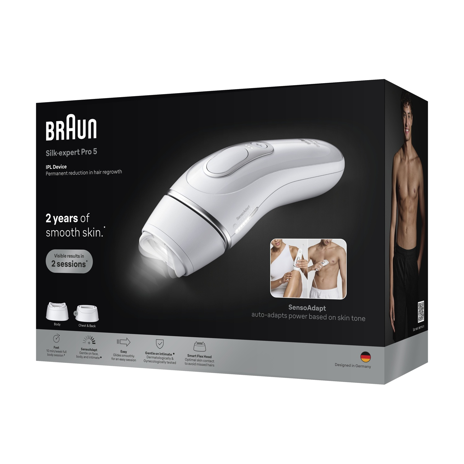 Scatola del dispositivo di epilazione IPL Braun Silk-expert Pro 5, con il dispositivo bianco, testo e immagini.