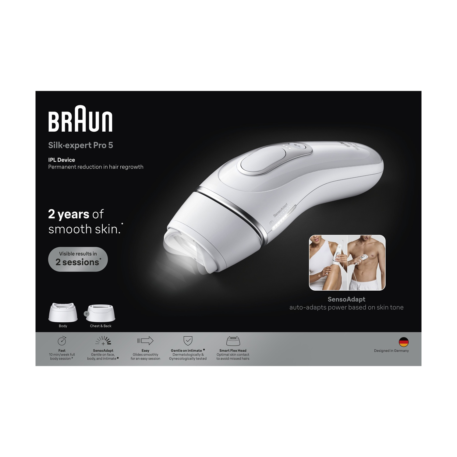 Dispositivo di epilazione IPL Braun Silk-expert Pro 5 bianco su sfondo nero con caratteristiche.