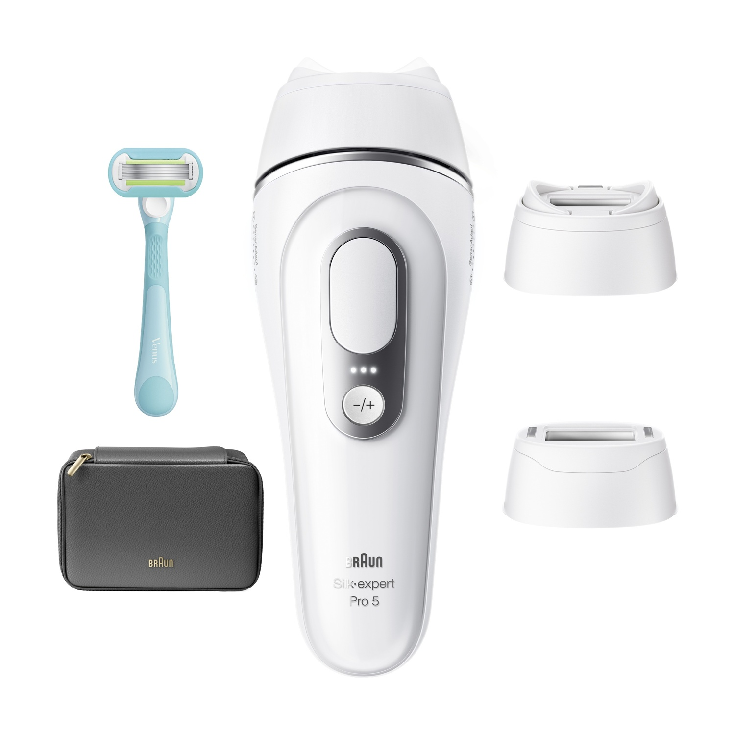 Un epilatore IPL Braun bianco con rasoio blu, custodia nera e due testine intercambiabili su sfondo bianco.