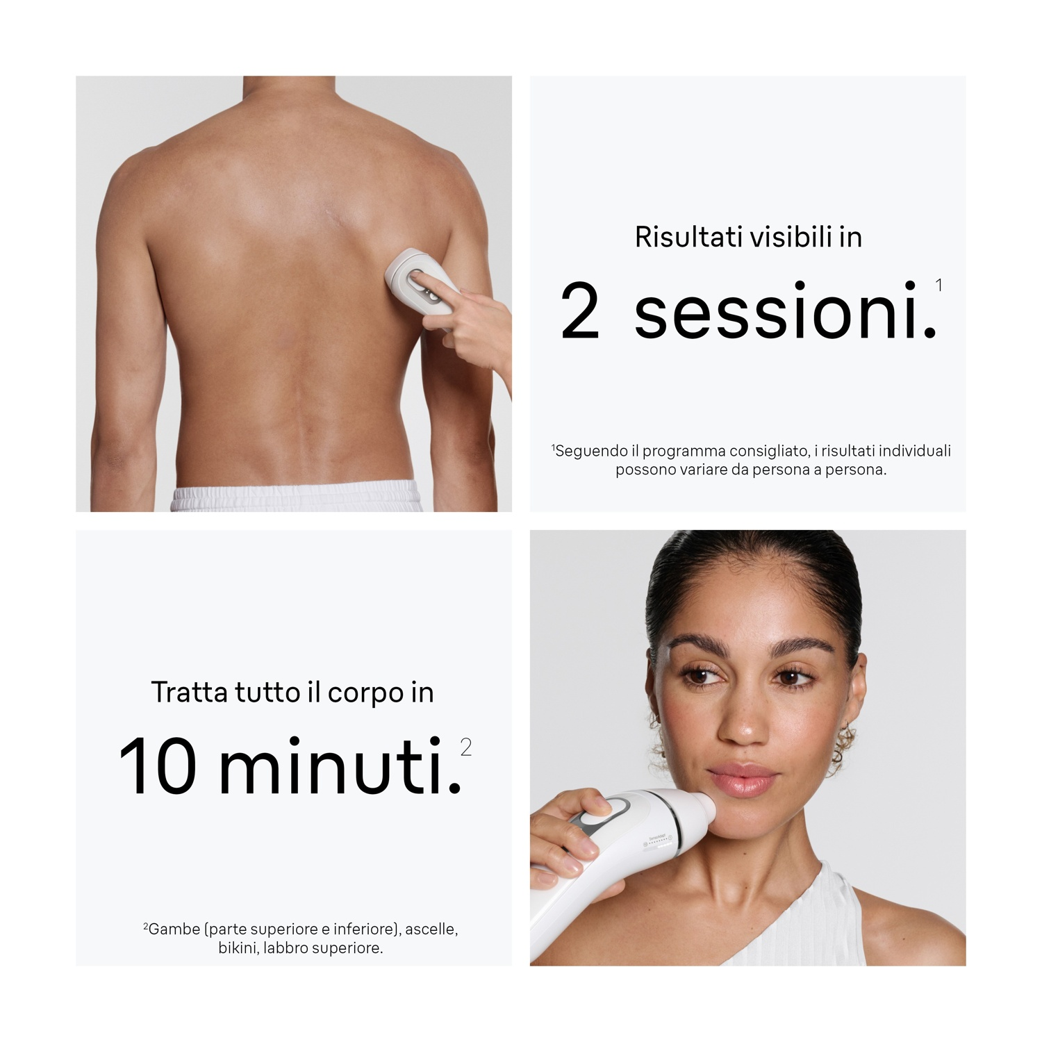 Un collage che mostra la schiena e il viso di una persona trattati con un epilatore IPL, con testo in italiano.