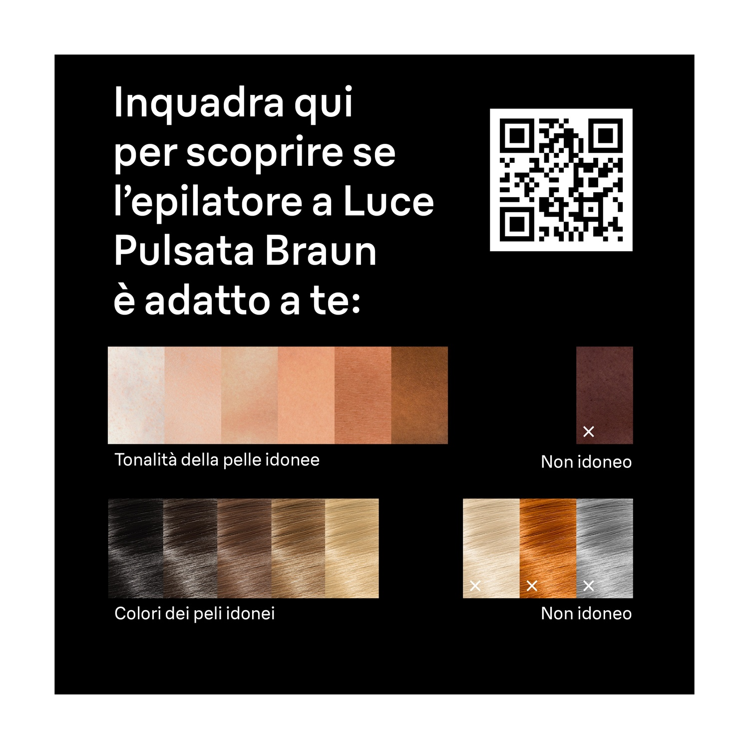 Sfondo nero con QR code e tabelle di toni di pelle e peli per epilatore Braun.