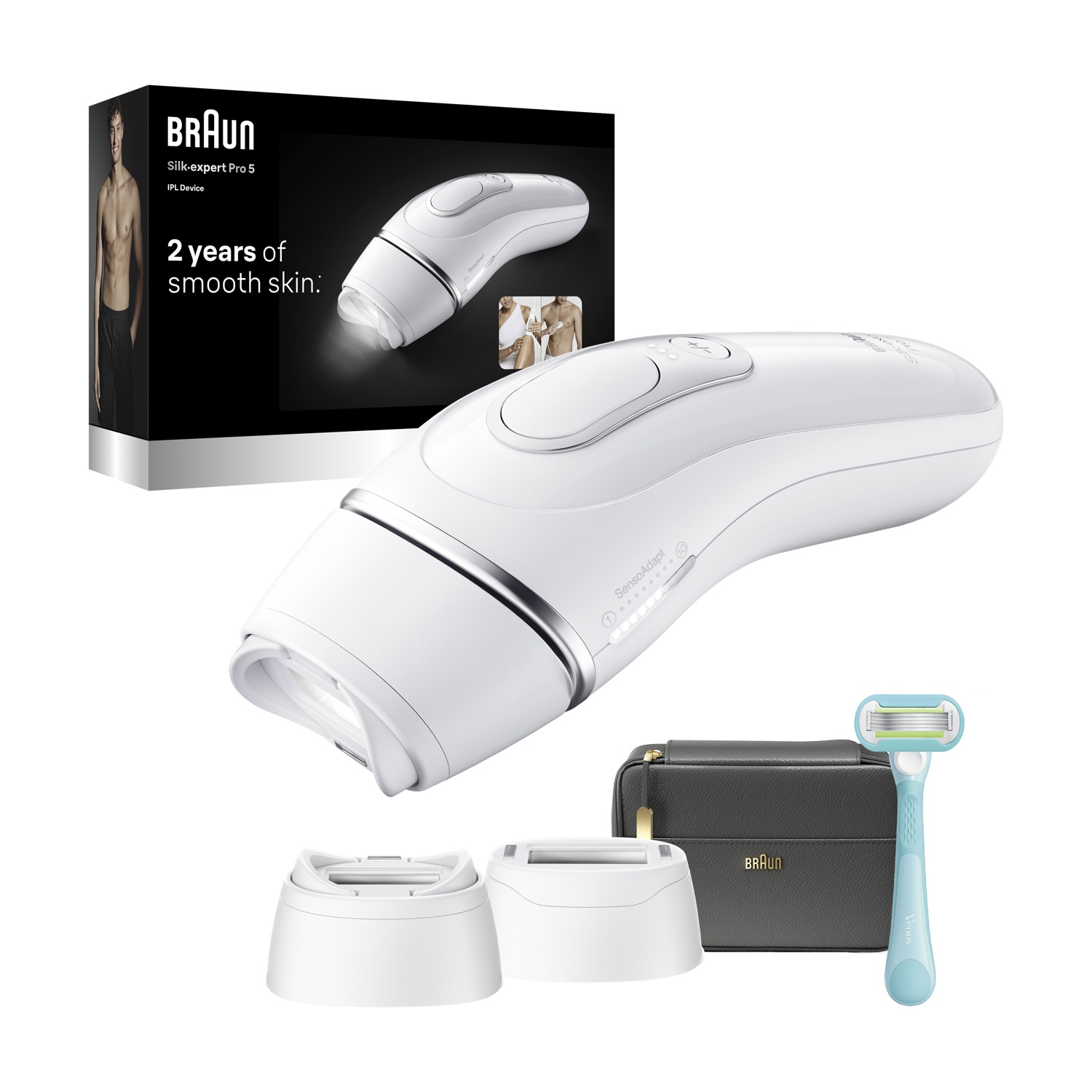 Epilatore IPL Braun Silk-expert Pro 5 con accessori, astuccio e rasoio davanti alla confezione nera.