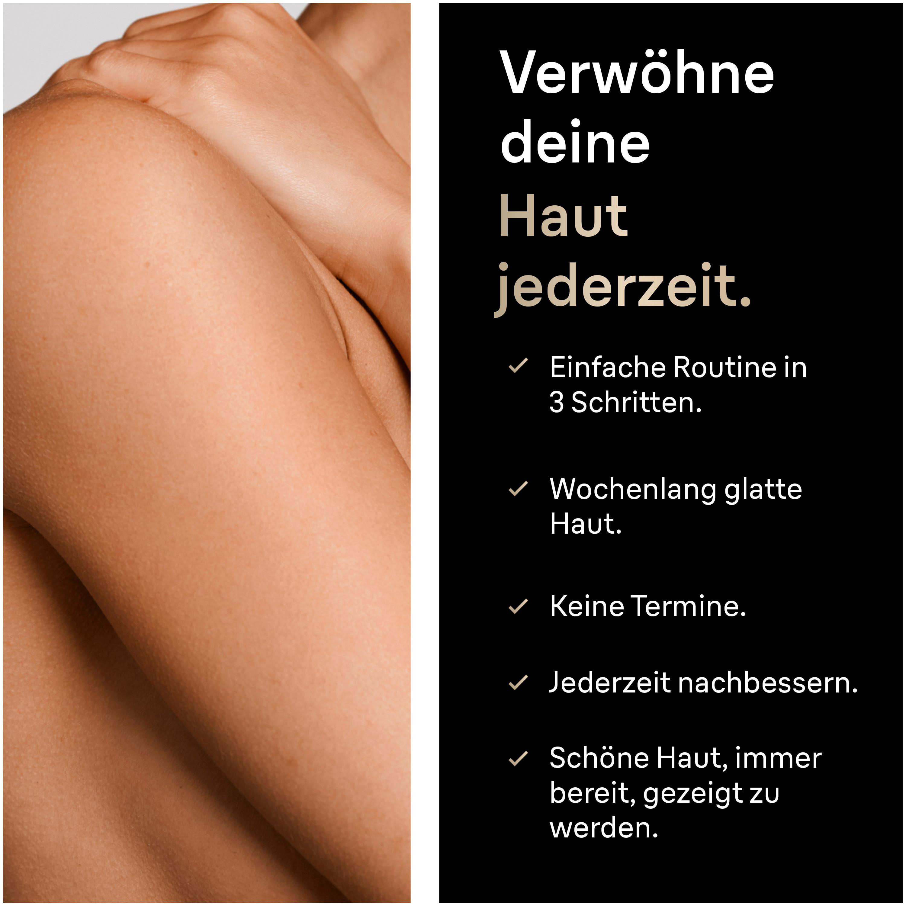 Glatte Haut und Text mit Vorteilen auf schwarzem Hintergrund.