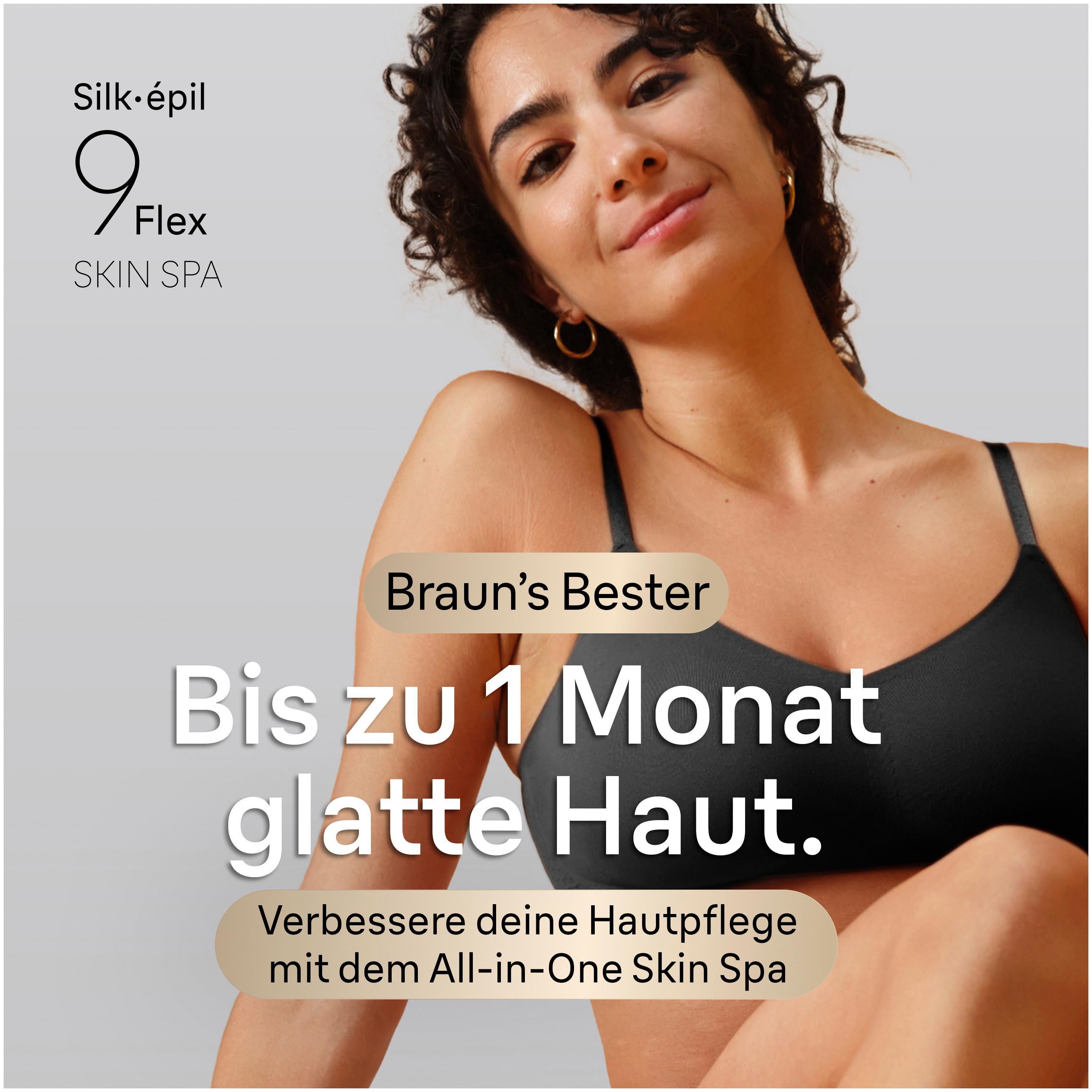 Eine Frau mit schwarzem BH und Text auf dem Bild für den Braun Silk-épil 9 Flex Skin Spa.