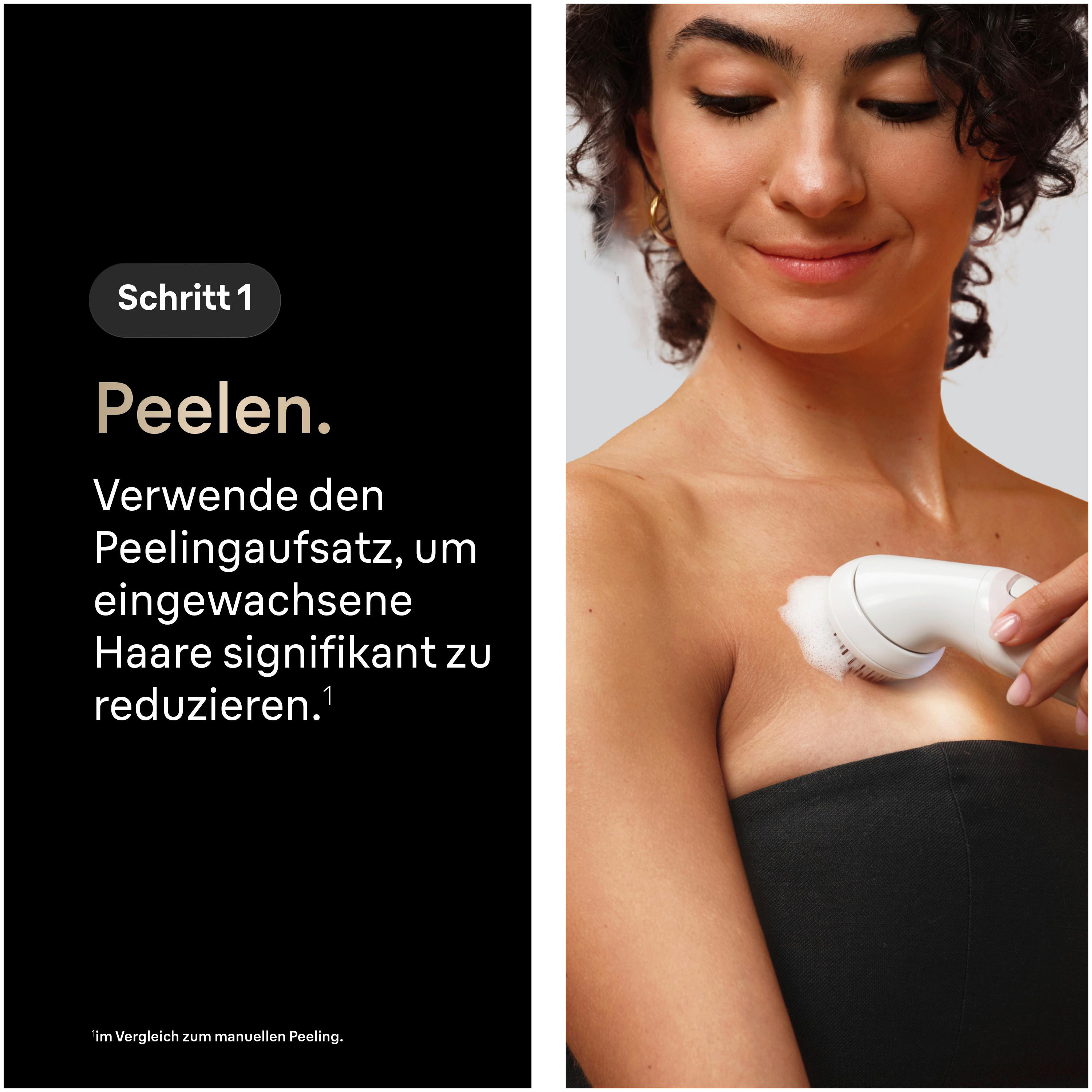 Eine Frau verwendet einen elektrischen Peelingaufsatz auf ihrer Haut, mit Text auf der linken Seite.