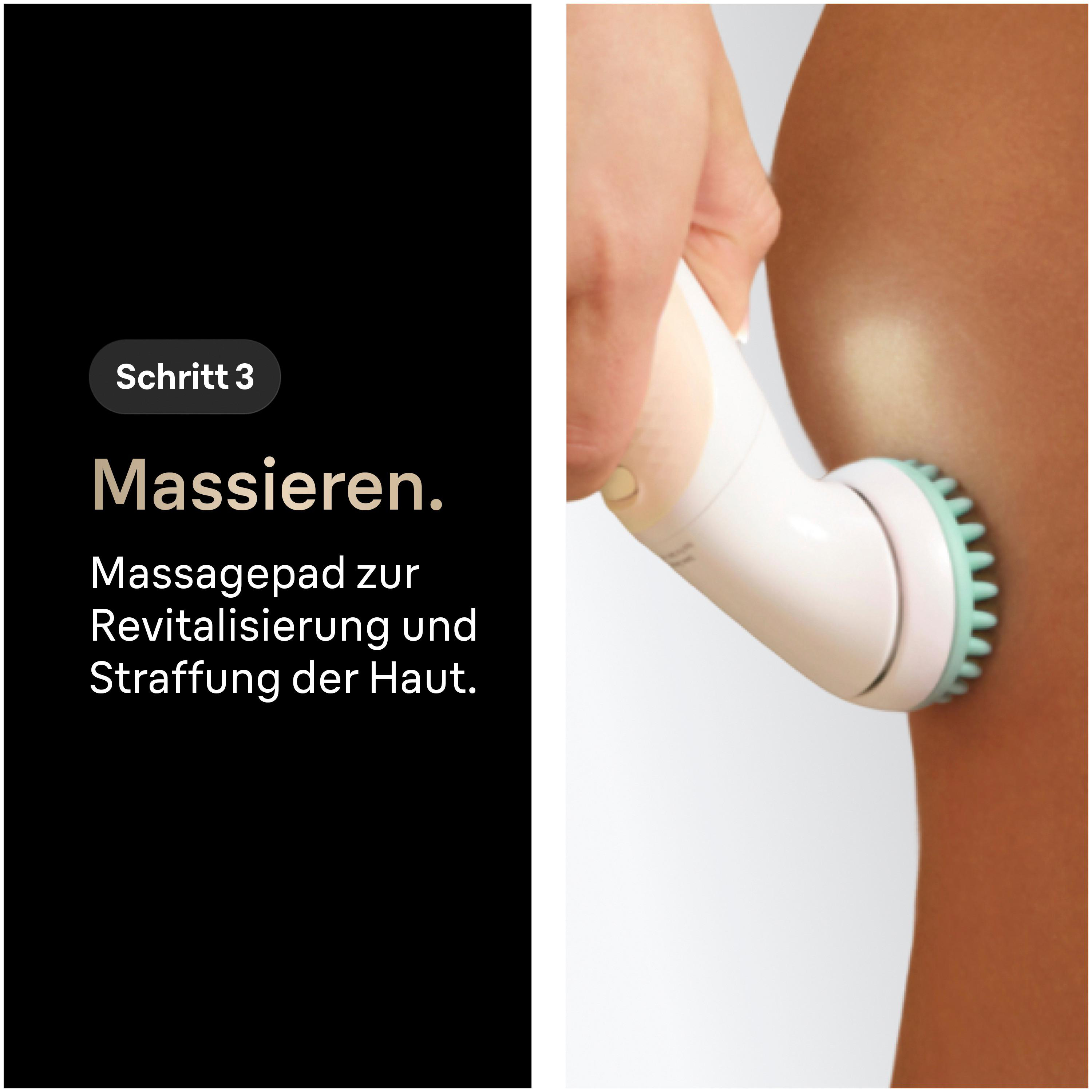 Hand hält ein weiß-türkises Massagegerät zur Hautstraffung.
