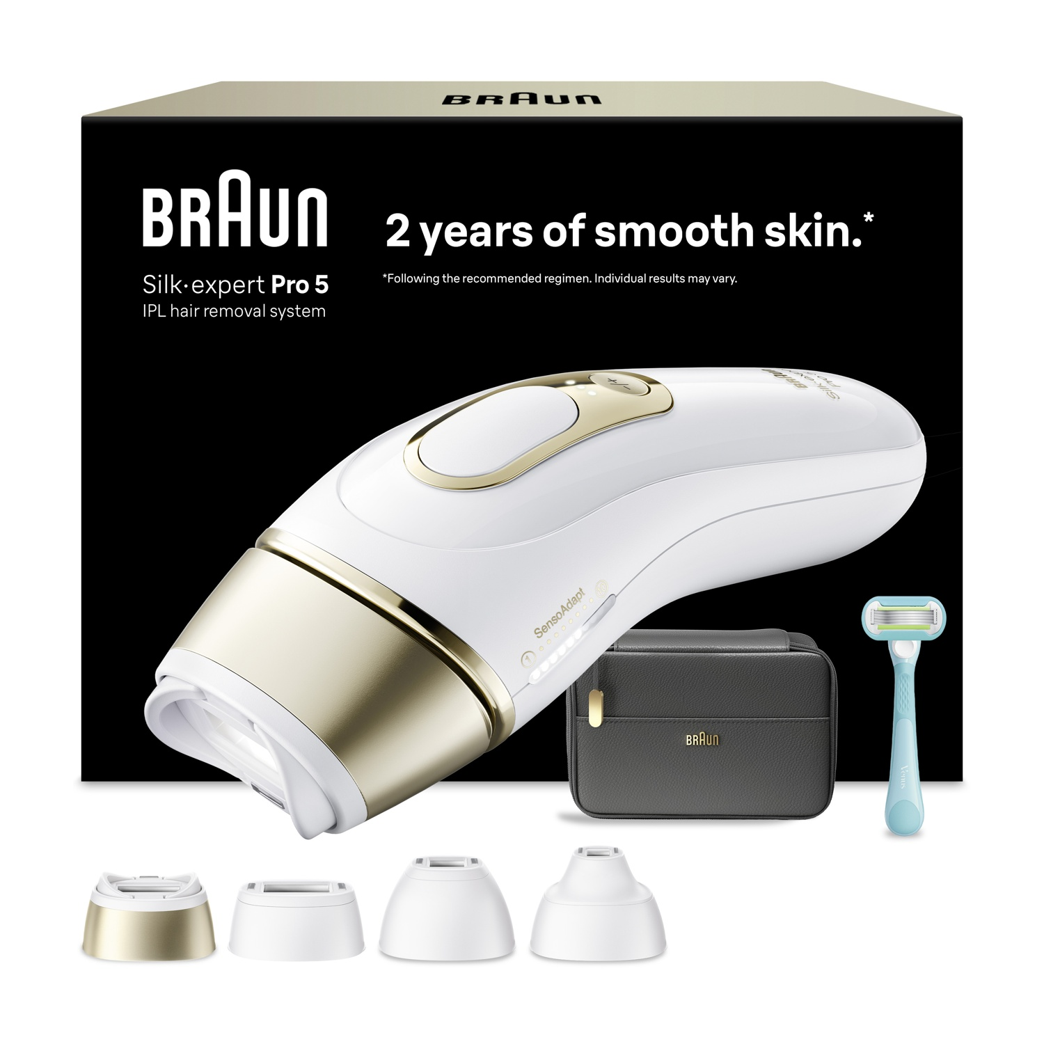 Sistema di depilazione Braun Silk-expert Pro 5 bianco e oro con accessori su sfondo nero.