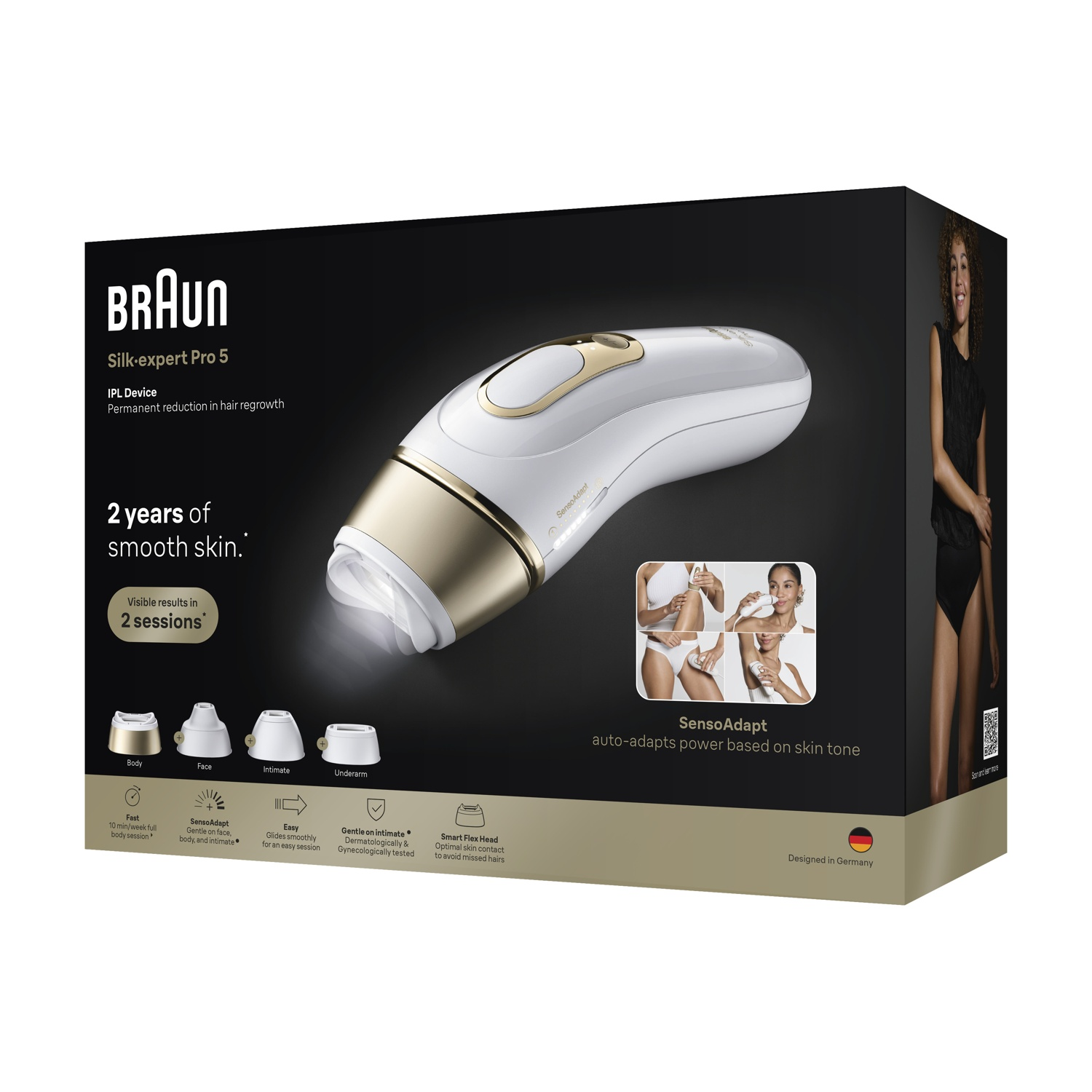 Dispositivo per epilazione IPL Braun Silk-expert Pro 5 in confezione con accessori.