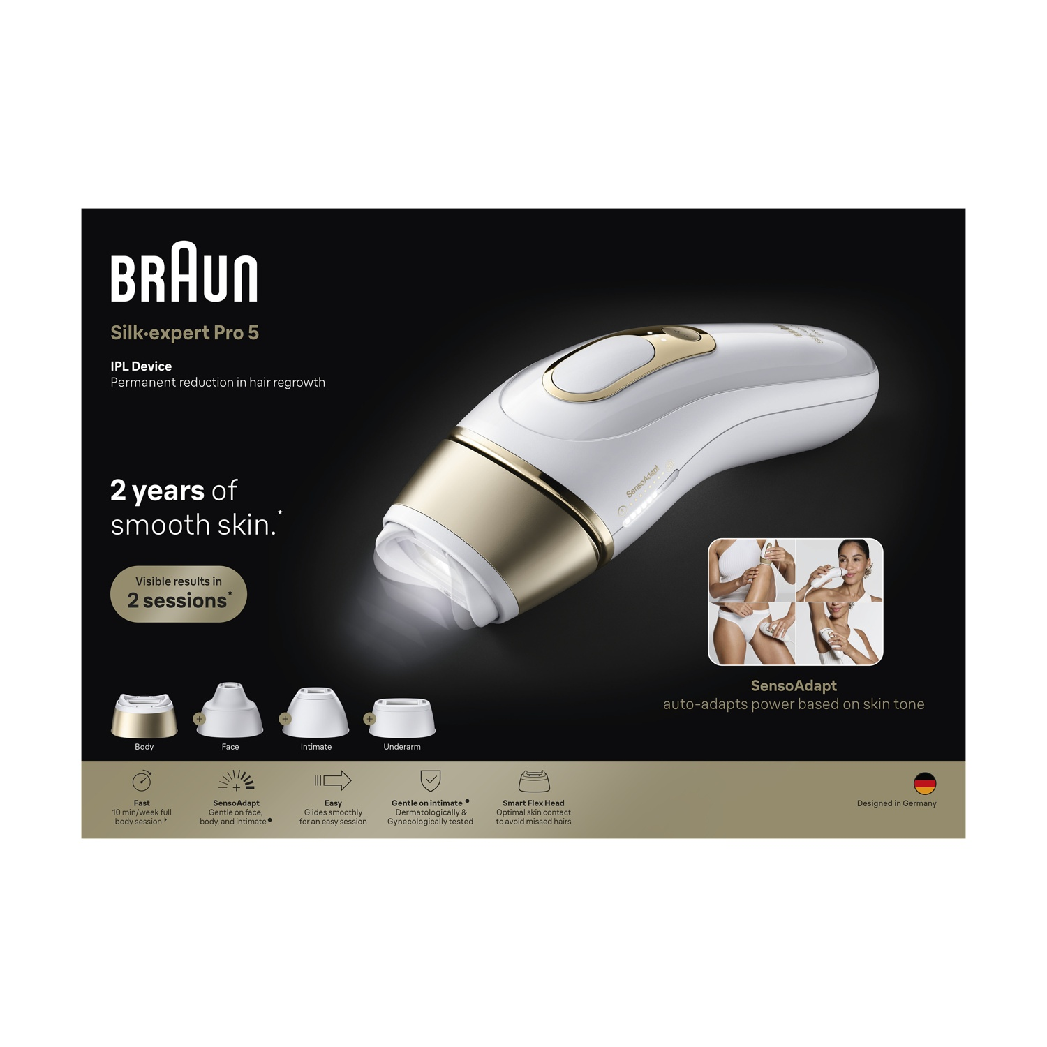 Dispositivo IPL Braun Silk-expert Pro 5 bianco e oro con accessori e testo su sfondo nero.