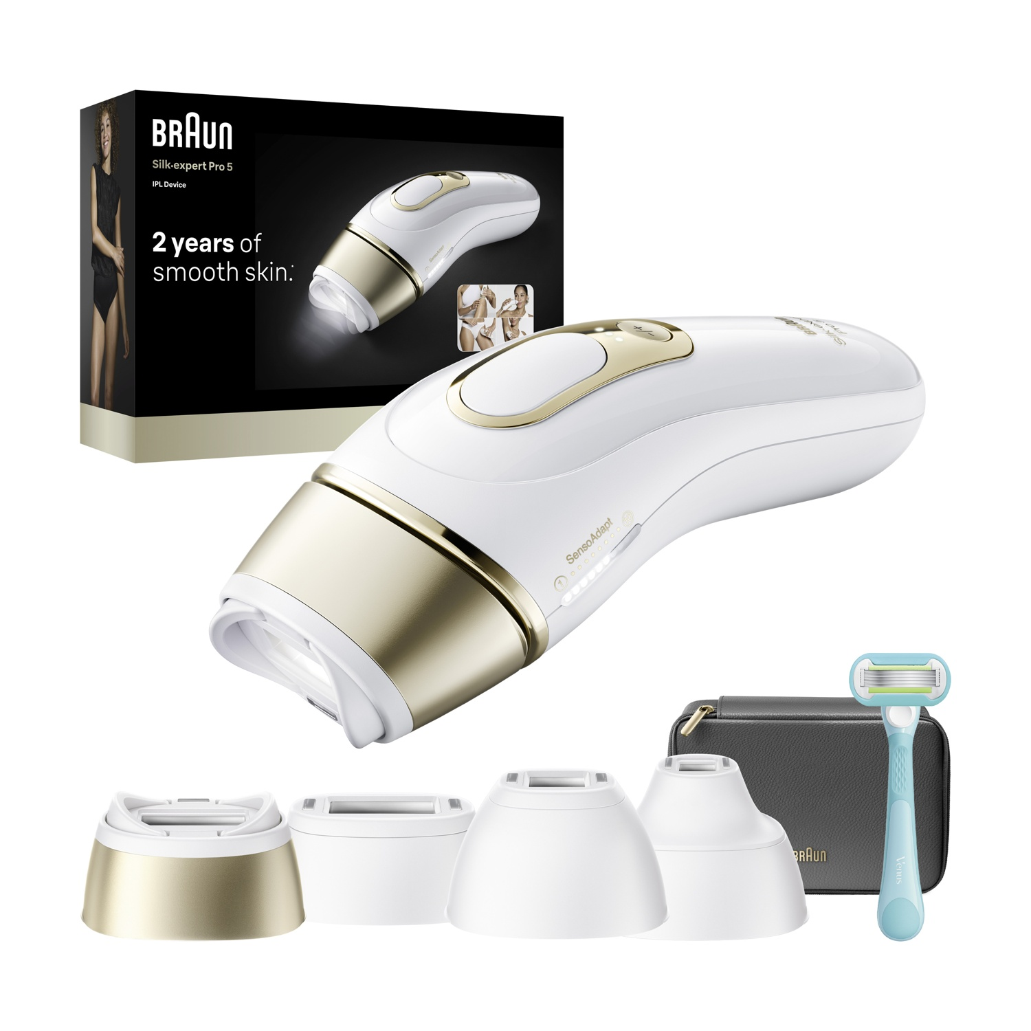 Un epilatore IPL Braun bianco e oro con accessori, quattro testine, custodia, rasoio e scatola del prodotto.