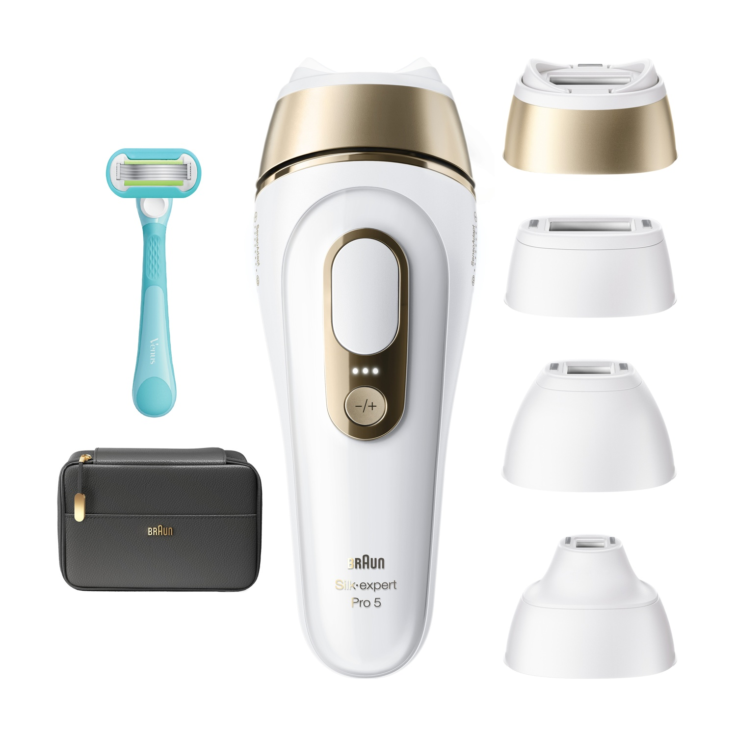 Epilatore IPL Braun bianco e oro con rasoio, testine e astuccio nero su sfondo bianco.
