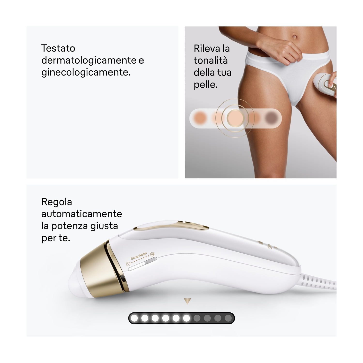 Epilatore testato dermatologicamente con rilevamento della tonalità della pelle e regolazione automatica.