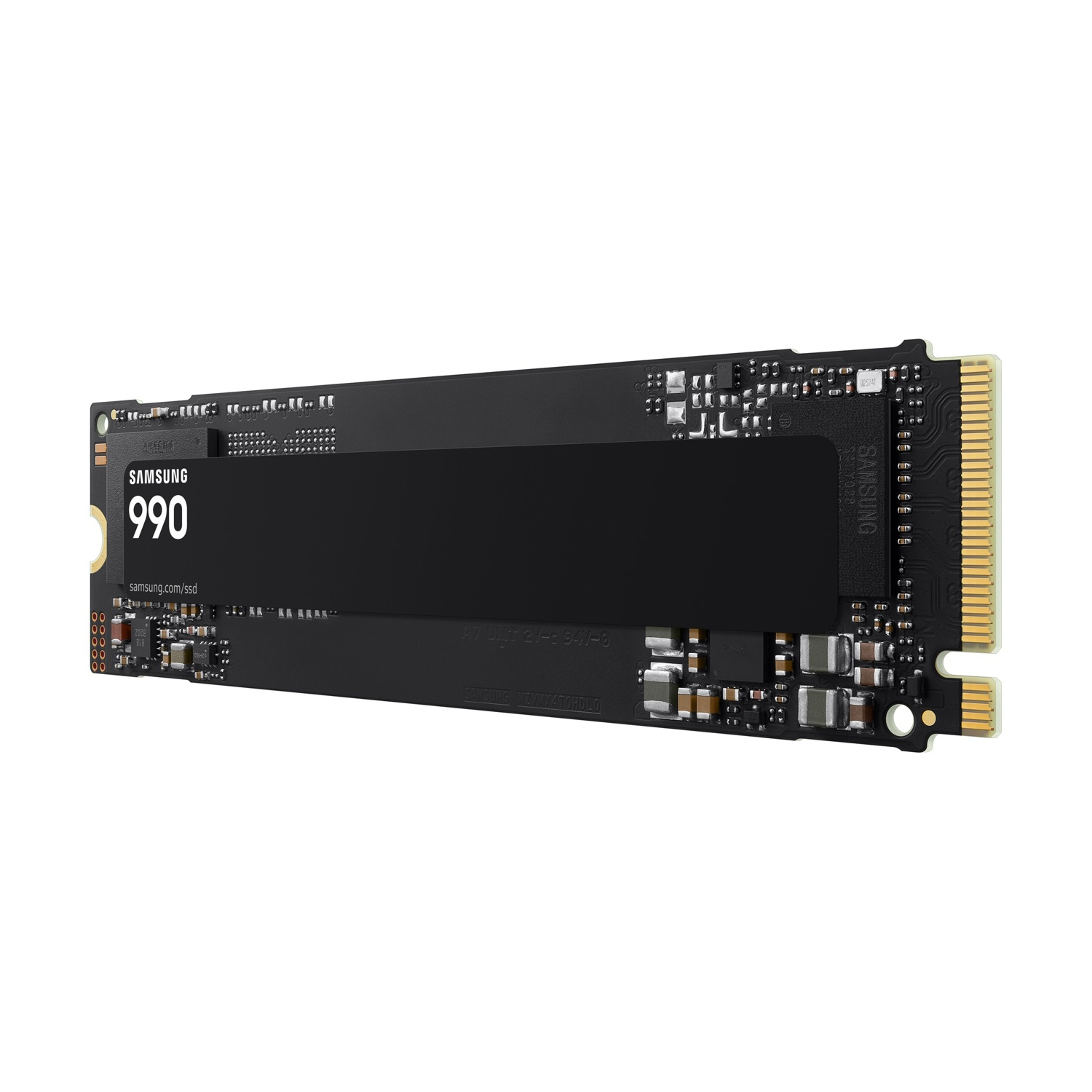 Scheda di memoria SSD NVMe M.2 Samsung 990 nera su sfondo bianco.