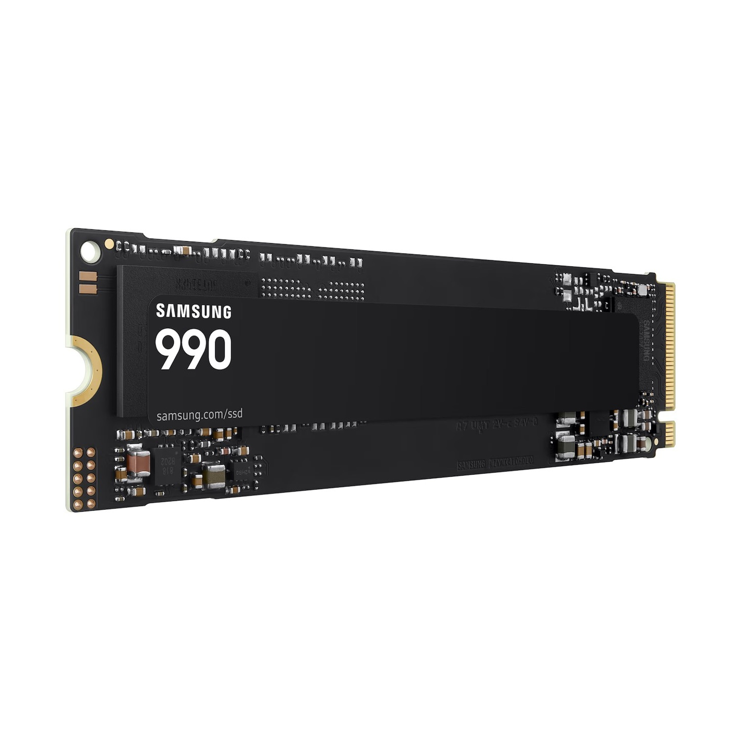 Una scheda di memorizzazione SSD Samsung 990 nera con componenti e contatti su un circuito.