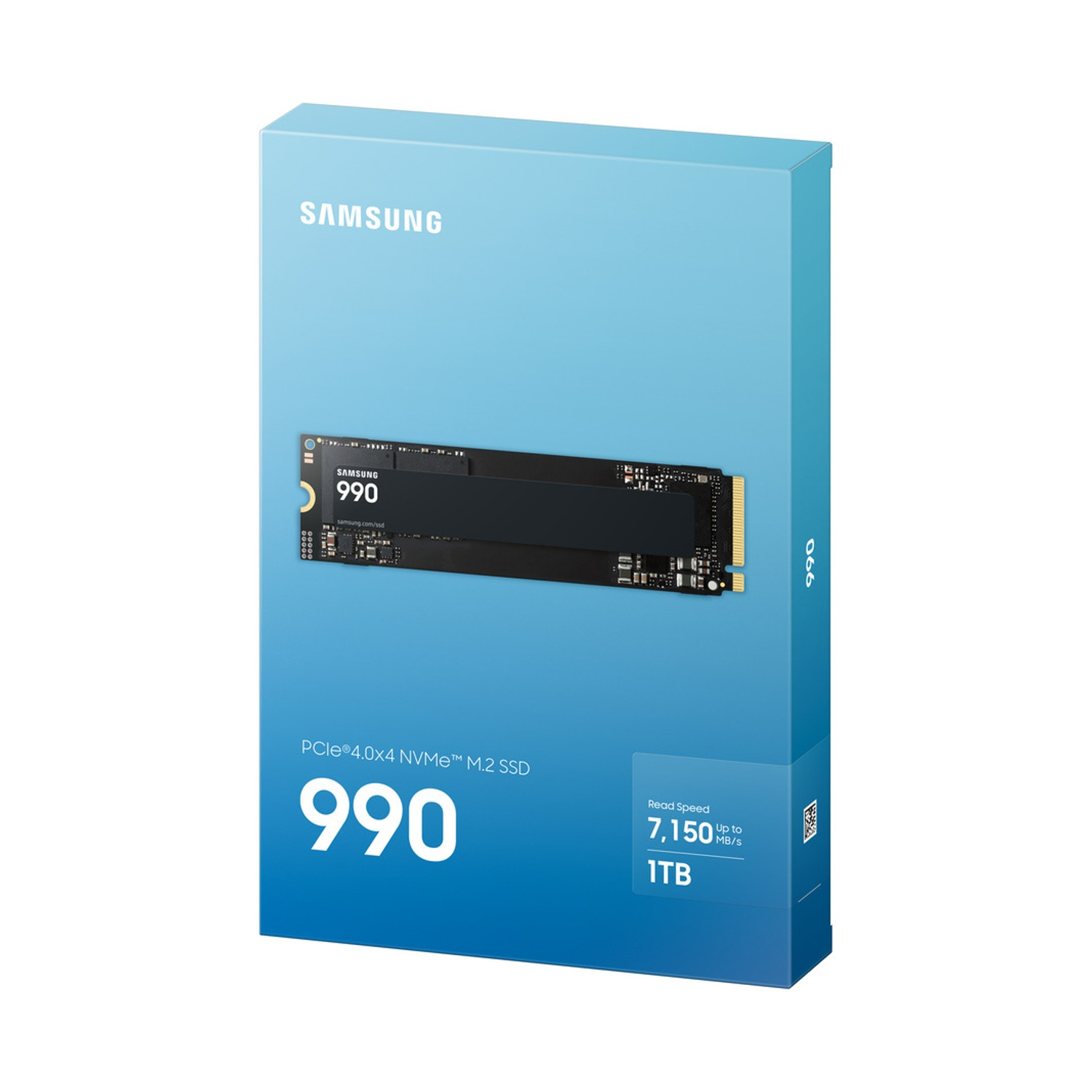 Confezione del prodotto SSD Samsung 990 PRO NVMe M.2 da 1 TB blu su sfondo bianco.