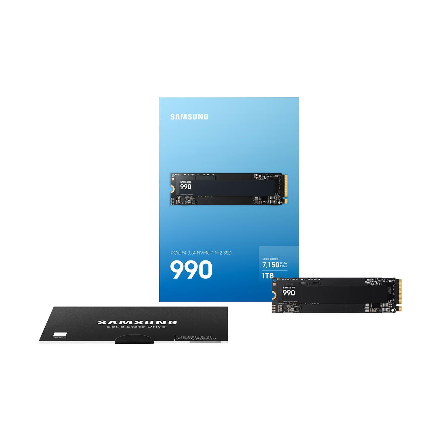 SSD Samsung 990 PRO NVMe M.2 con confezione blu e guida all'installazione.