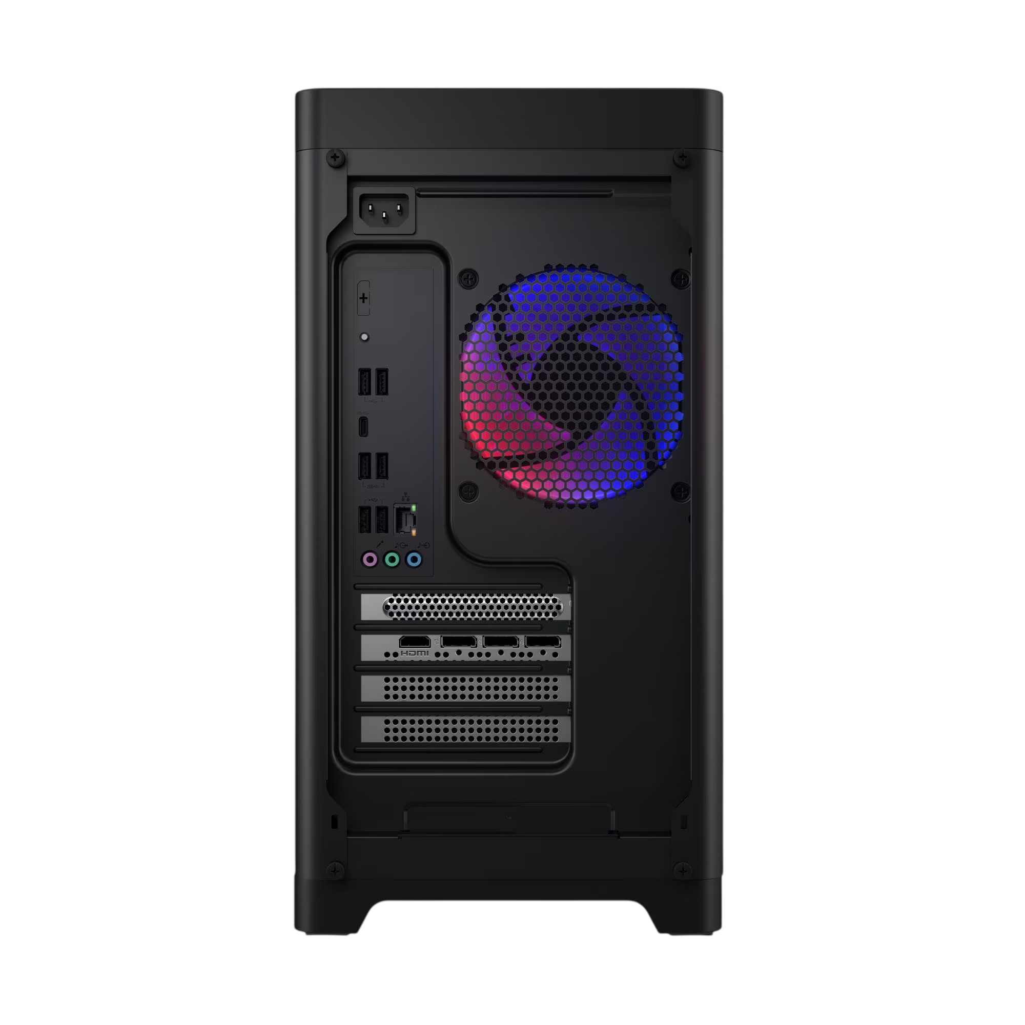 Rückseite eines schwarzen PC-Gehäuses mit I/O-Ports, einem blau-rot beleuchteten Lüfter und PCIe-Slots.