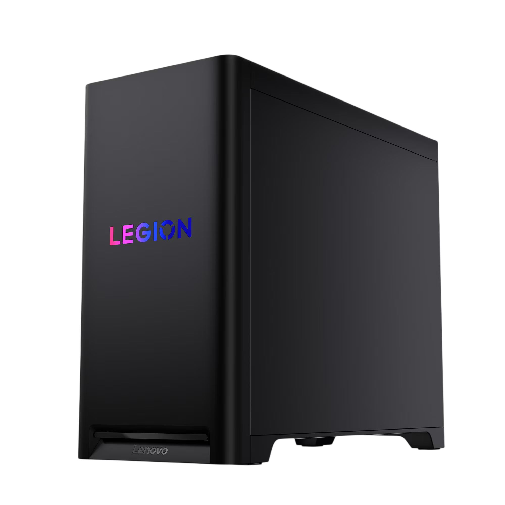 Schwarzer Lenovo Legion PC-Tower mit beleuchtetem Logo vor schwarzem Hintergrund.