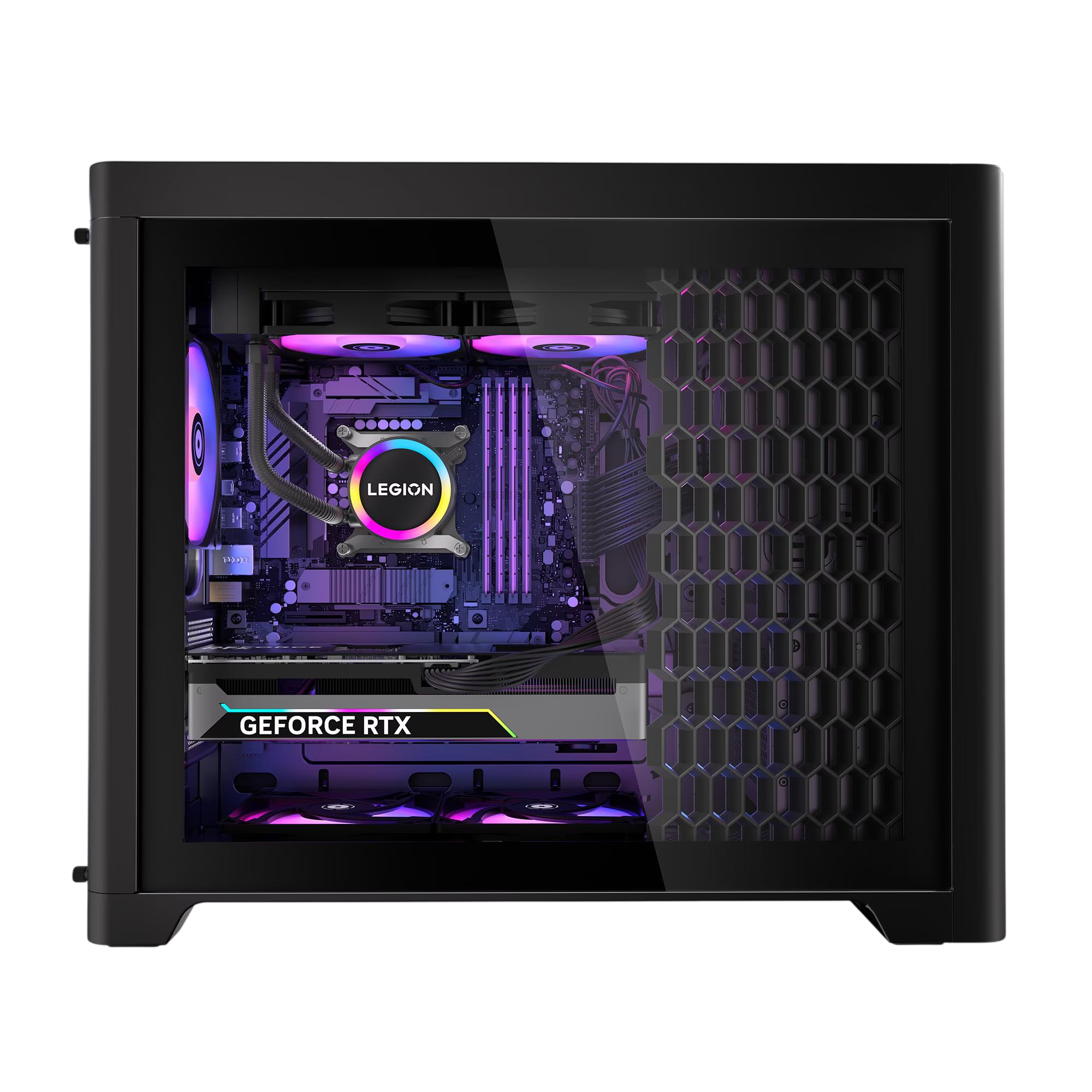 Ein schwarzer Gaming-PC mit RGB-Beleuchtung, GeForce RTX Grafikkarte und Legion CPU-Kühler.