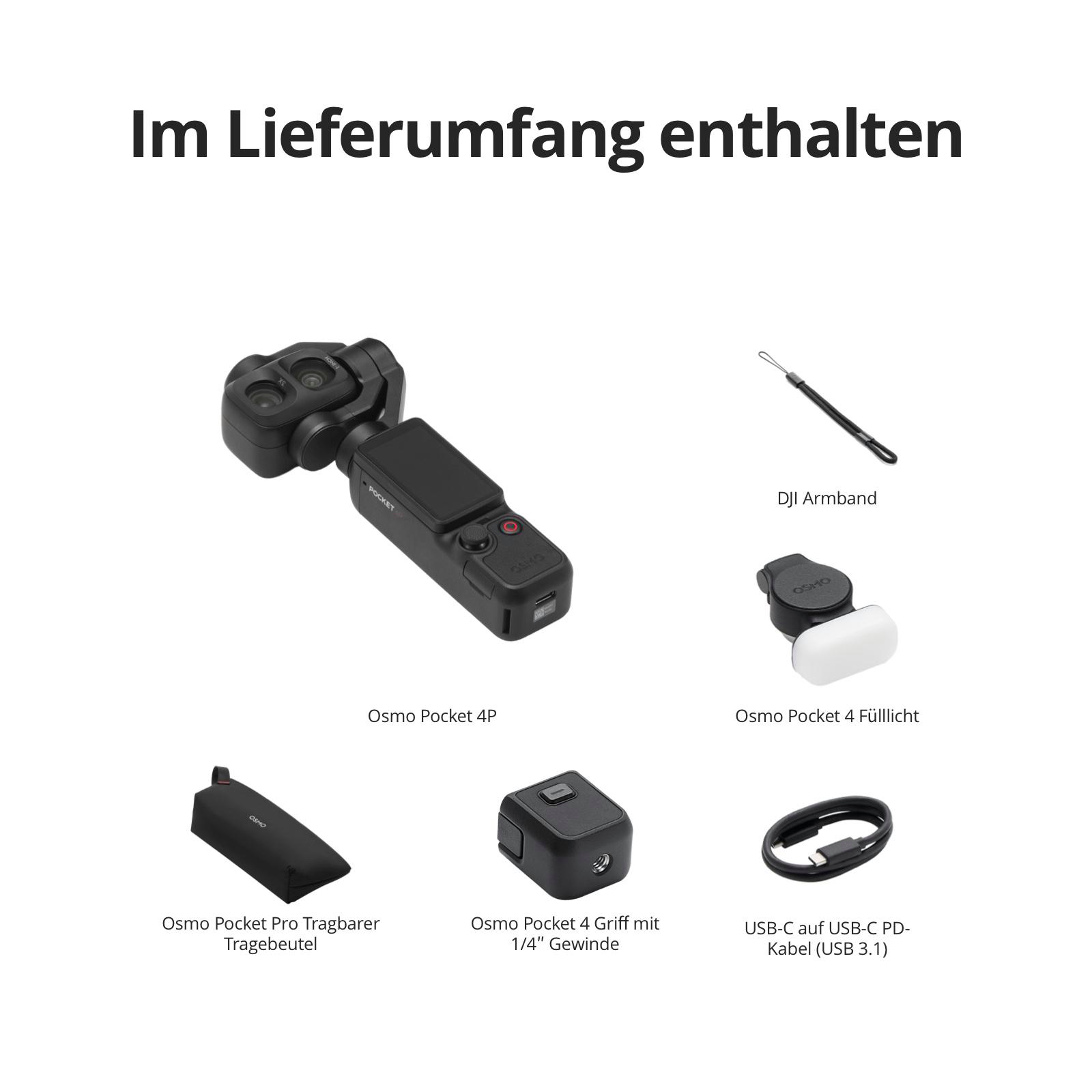 Lieferumfang: Osmo Pocket 4P, Armband, Fülllicht, Tragbeutel, Griff und USB-C-Kabel auf weißem Hintergrund.