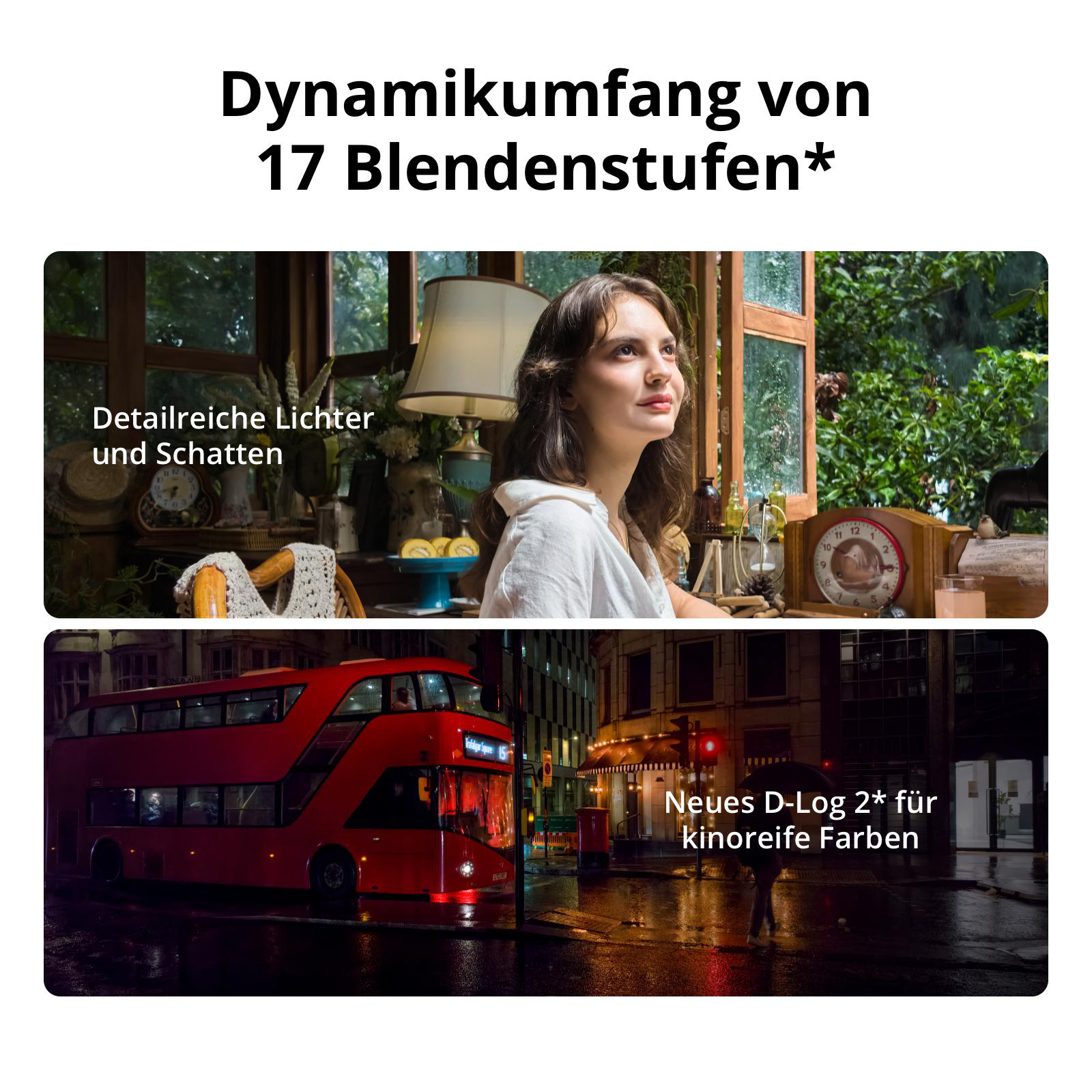 Zwei Bilder mit Text: Oben eine Frau in einem Raum, unten ein roter Doppeldeckerbus bei Nacht im Regen.