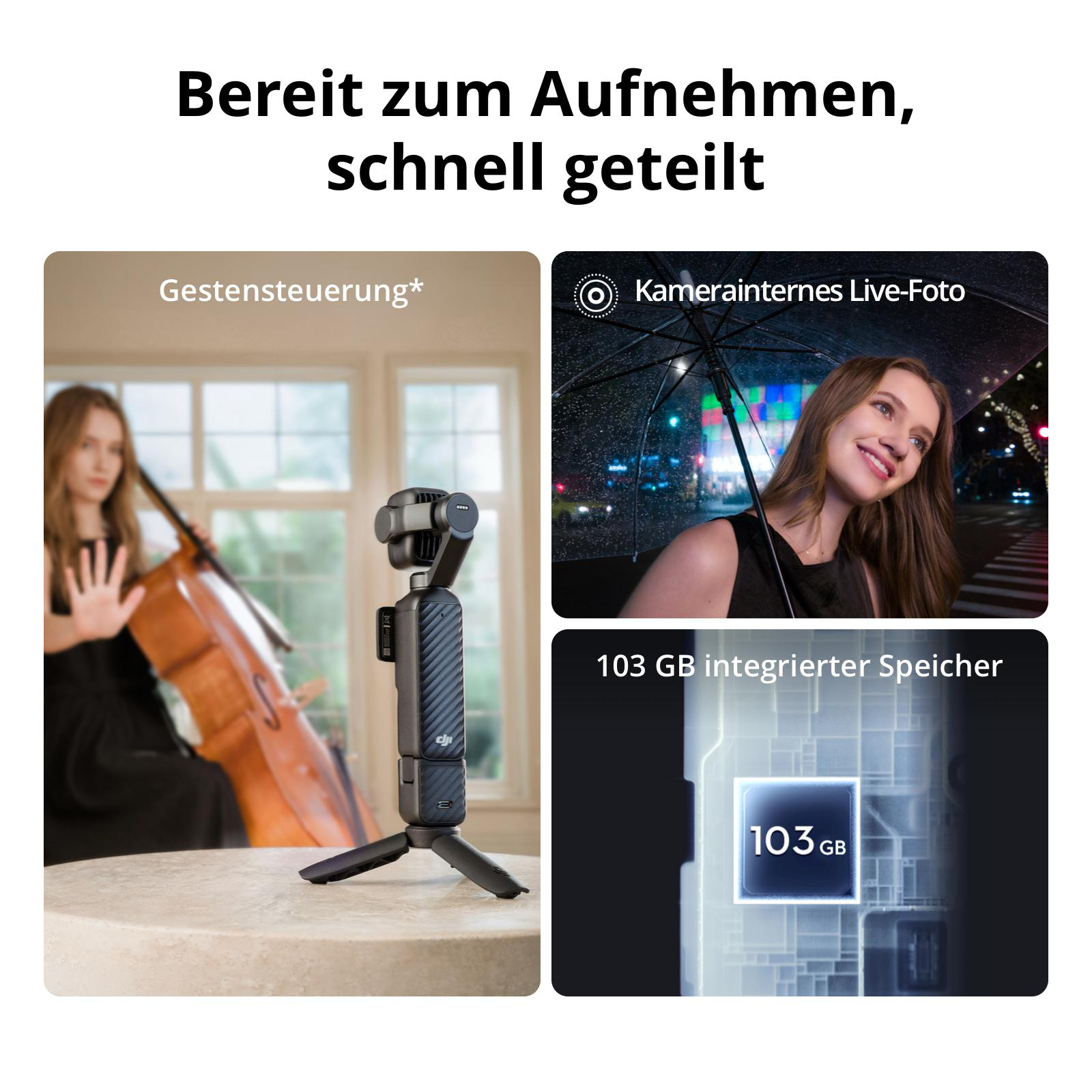 Produktbild einer DJI Osmo Pocket Kamera auf einem Stativ mit Gestensteuerung, Live-Foto und 103 GB Speicher.
